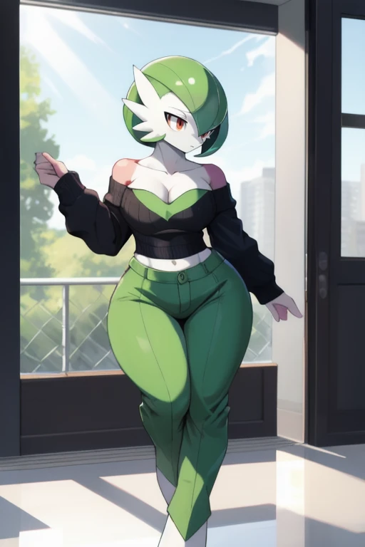 masterpiece, best quality, full body, Solo, male, (androgynous), furry, pectorals, pectoral cleavage, muscular, sidepec, (wide hips), huge ass, ((Gardevoir)), ((pokemon)), (off-shoulder suit), (sweater crop top),
