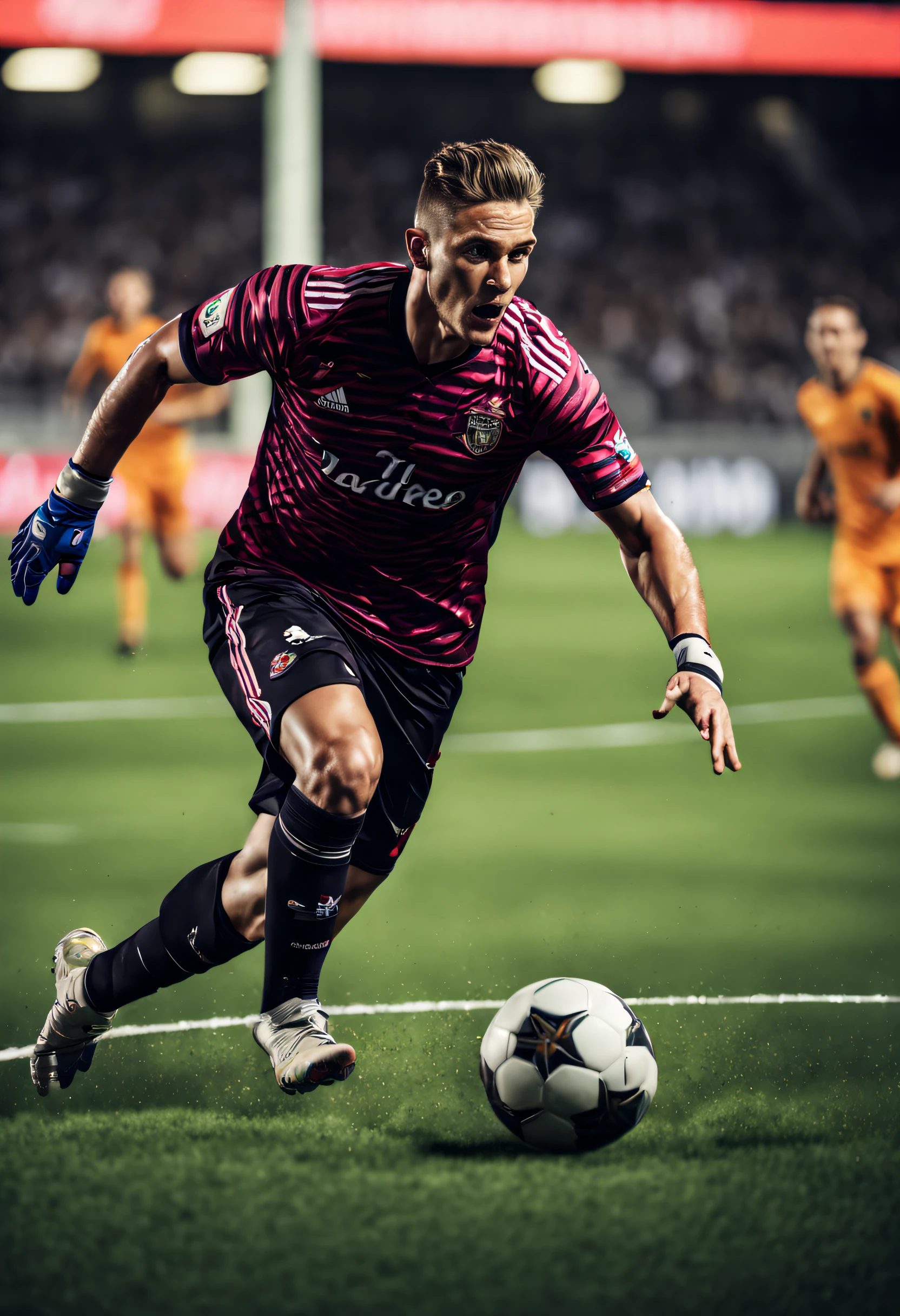 (best quality, 4k, 8k, high resolution, masterpiece: 1.2), ultra detailed, (realistic, photorealistic, photorealistic: 1.37), professional photography, soccer player, penalty kick, clear focus, action shot, motion athletic, fierce concentration, precision skill, elegant movement, high-speed capture, professional equipment, sharp shadows, vignette effect, vivid colors, dynamic composition, beads of sweat, emotional intensity, stadium lighting, striking contrast, explosive power, perfect timing, goalie reaction, fast-paced game, energy and excitement, competitive spirit, sparkling grass, goal, uniform, adrenaline rush, pressure-filled moment, game-changing opportunity, showmanship, athletic prowess, inspiring moment