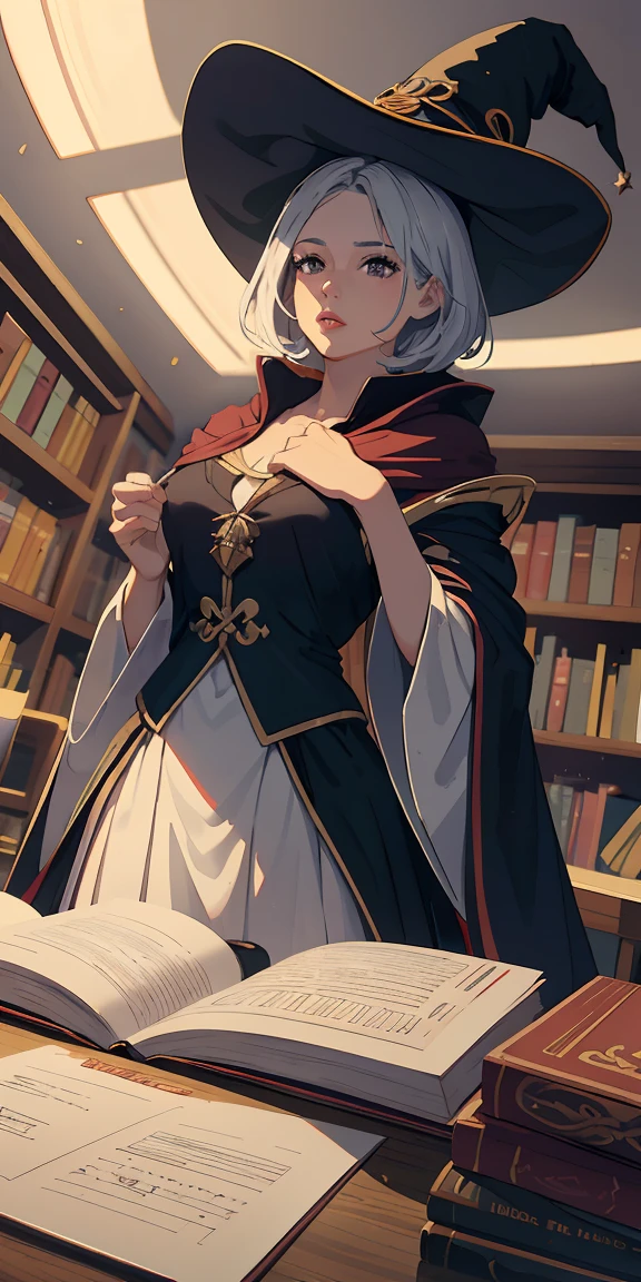 ((grab own breast)), (surprised)), (red face), 1 girl closeup, elf, silver hair, red eyes, braided hair, bob cut, wizard, robe, ruffle, tights, cloak, library, mirror, ts, concept art, beautiful anime scene, beautiful anime scenery, top quality, masterpiece, 4k