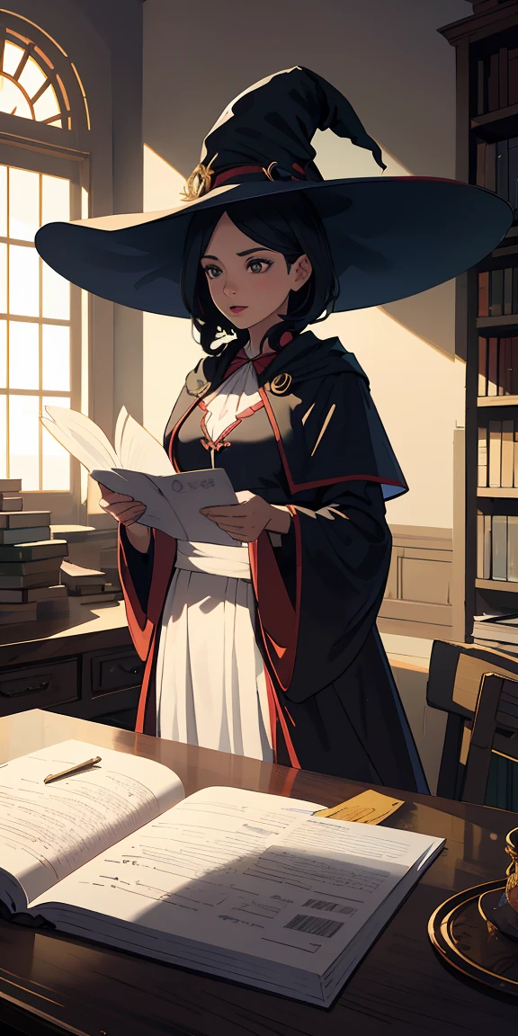 1Mulher, cabelos longos, maduro, separated-lips, corar, sentado, witch hat, Witch's Robe, biblioteca, raios de luz, brilhar, Meias, cintura estreita, (master part), papel de parede, wide angle, de cima