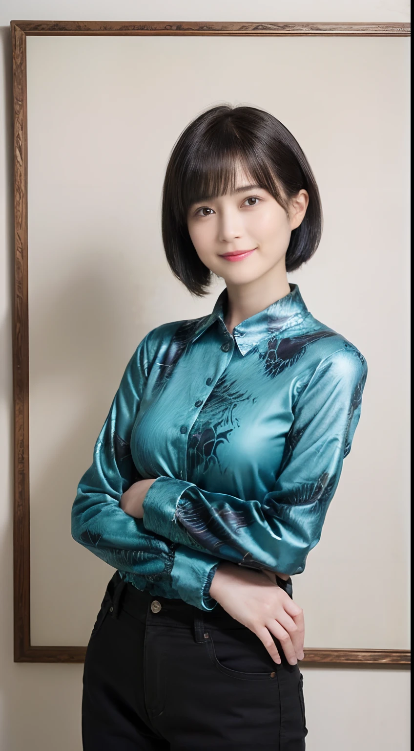 89
(a 20 yo woman,is standing), (A hyper-realistic), (masutepiece), ((short-hair:1.46)), (Smooth black hair), (Breast:1.0), (kindly smile), wear long pants, (Wearing a dinosaur print long-sleeved shirt), (Beautiful skin:1.5), (painterly、picture frame)