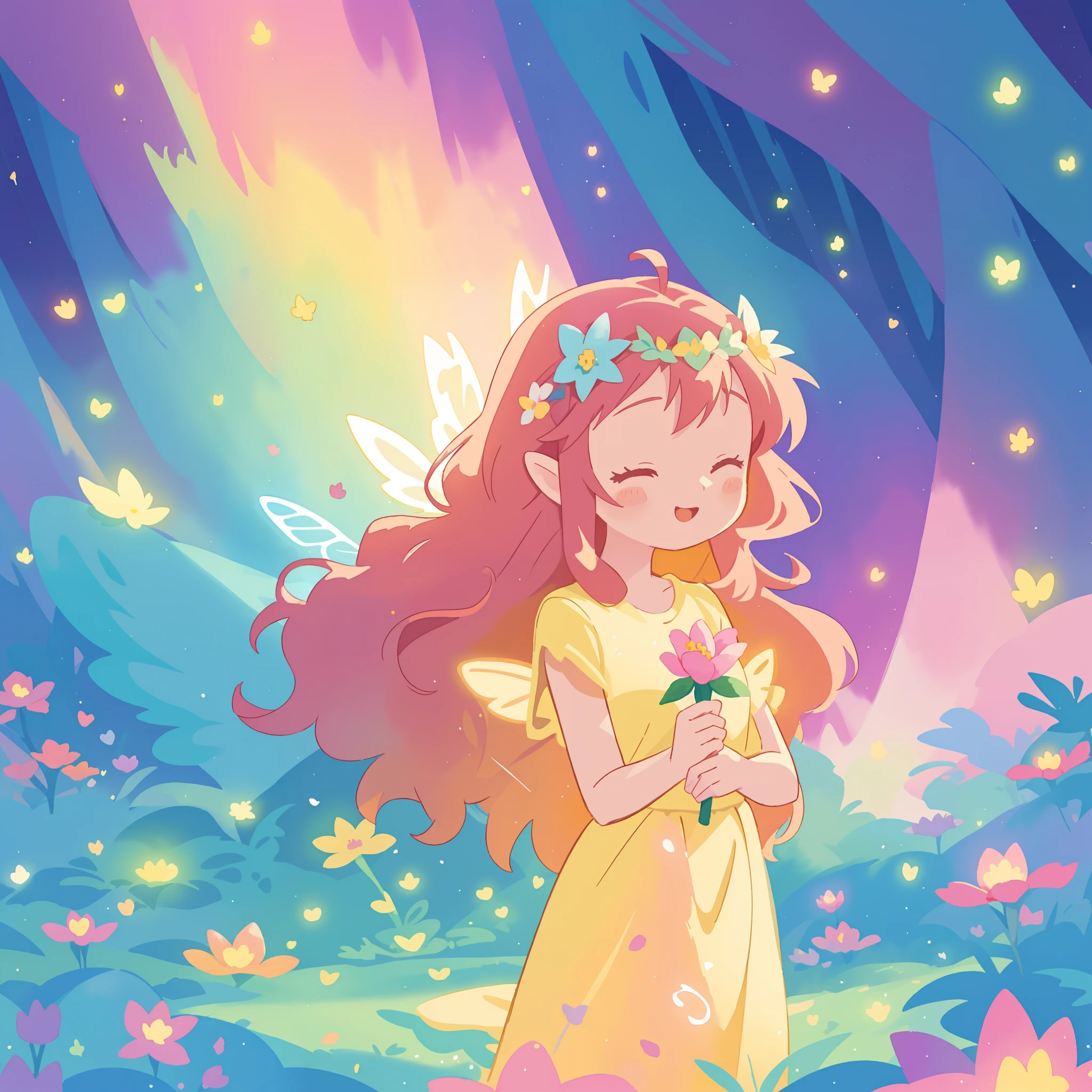 beautiful fairy girl in yellow flowing dress, long curly brown hair, colorful flower crown on her head, colorful fantasia background, large fairy wings, magical pink light, watercolor illustration, disney art style, glowing aura around her, glowing lights, beautiful digital illustration, fantasia otherworldly landscape plants flowers, beautiful, masterpiece, best quality, anime disney style