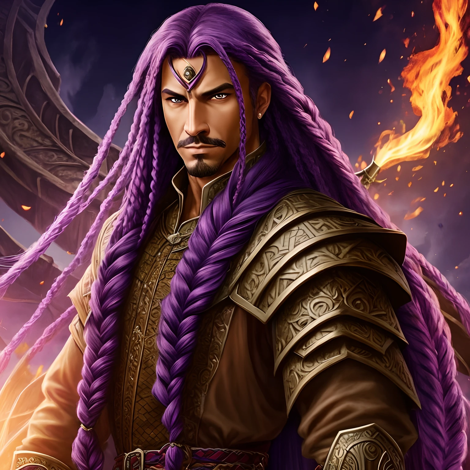 Purple Long braided hair, middle age man, tan skin tone, red dragon eyes, medieval villain outfit