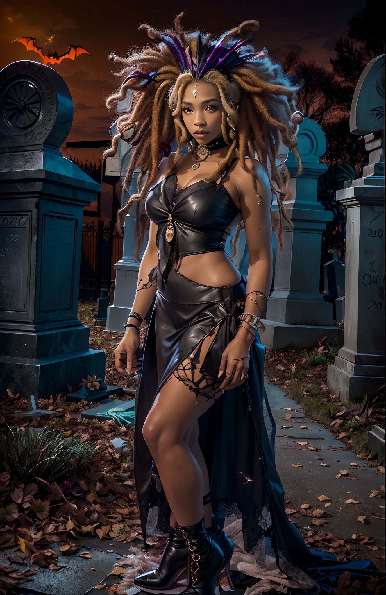 ((29-year-old))) black girl, (((light skin))), (((vampire))), (((New Orleans cemetary, early 20th century night time during mardi grad))), (((bats flying around))), dusk, (((close-up full body pose))),  (((long island bleached reddish blonde dreads))), high heel boots, (((wearing period clothing))), dark fantasy art, Rich, Deep Colours, (intricate details:0.9), (HDR, hyper-detailing:1.2), (natural skin textures, hyper realisitc, soft light, Sharp),