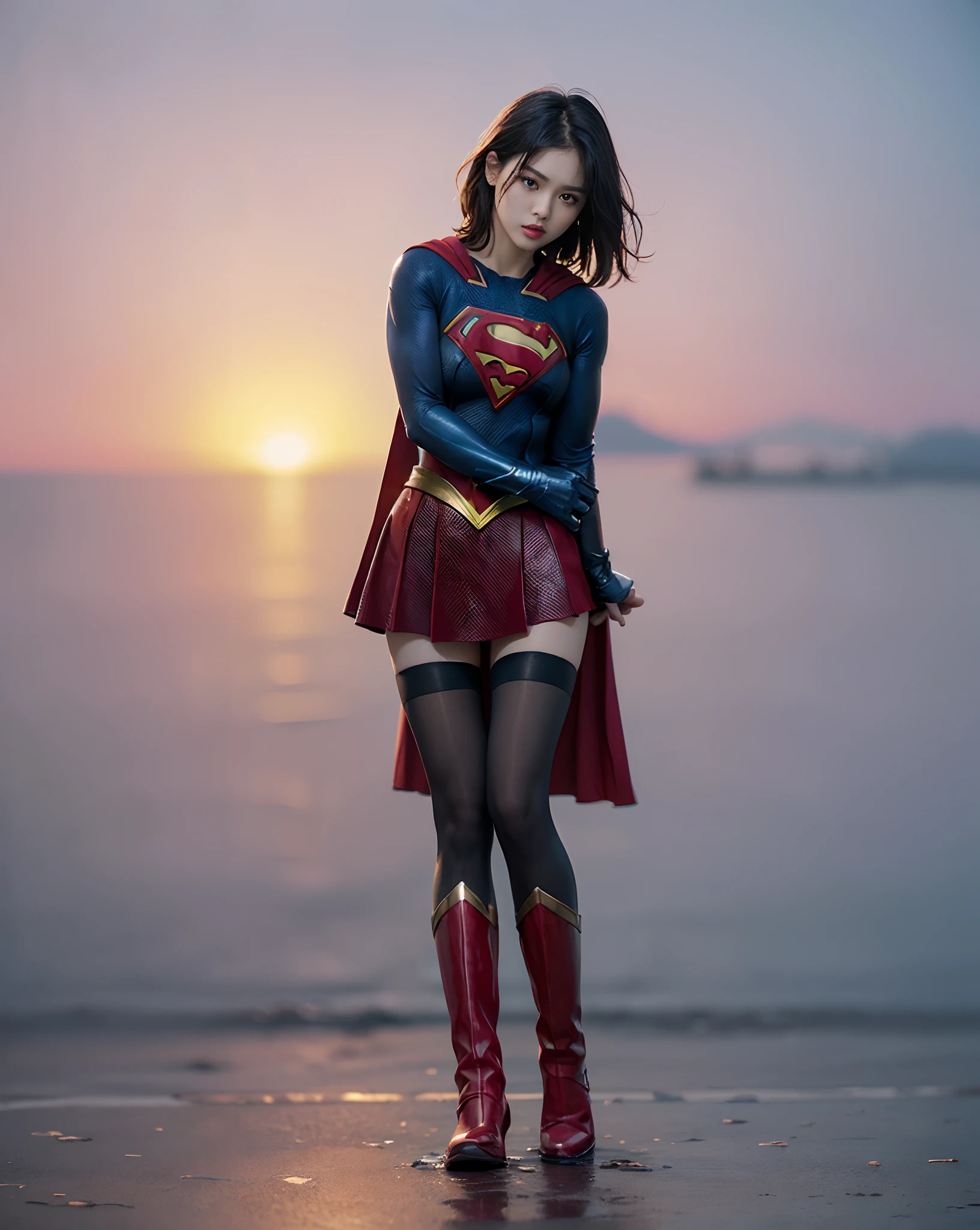 Anne Hathaway wearing detailed and glossy SuperMan costume with full sleeves covering the entire body, short black hair, serious face, (flying in sky), vivid colors, dramatic lighting, red cape, cinematic costume, carbon fiber detailed suit,red boots,red over-the-knee boots,long legs，slender legs，full budy picture