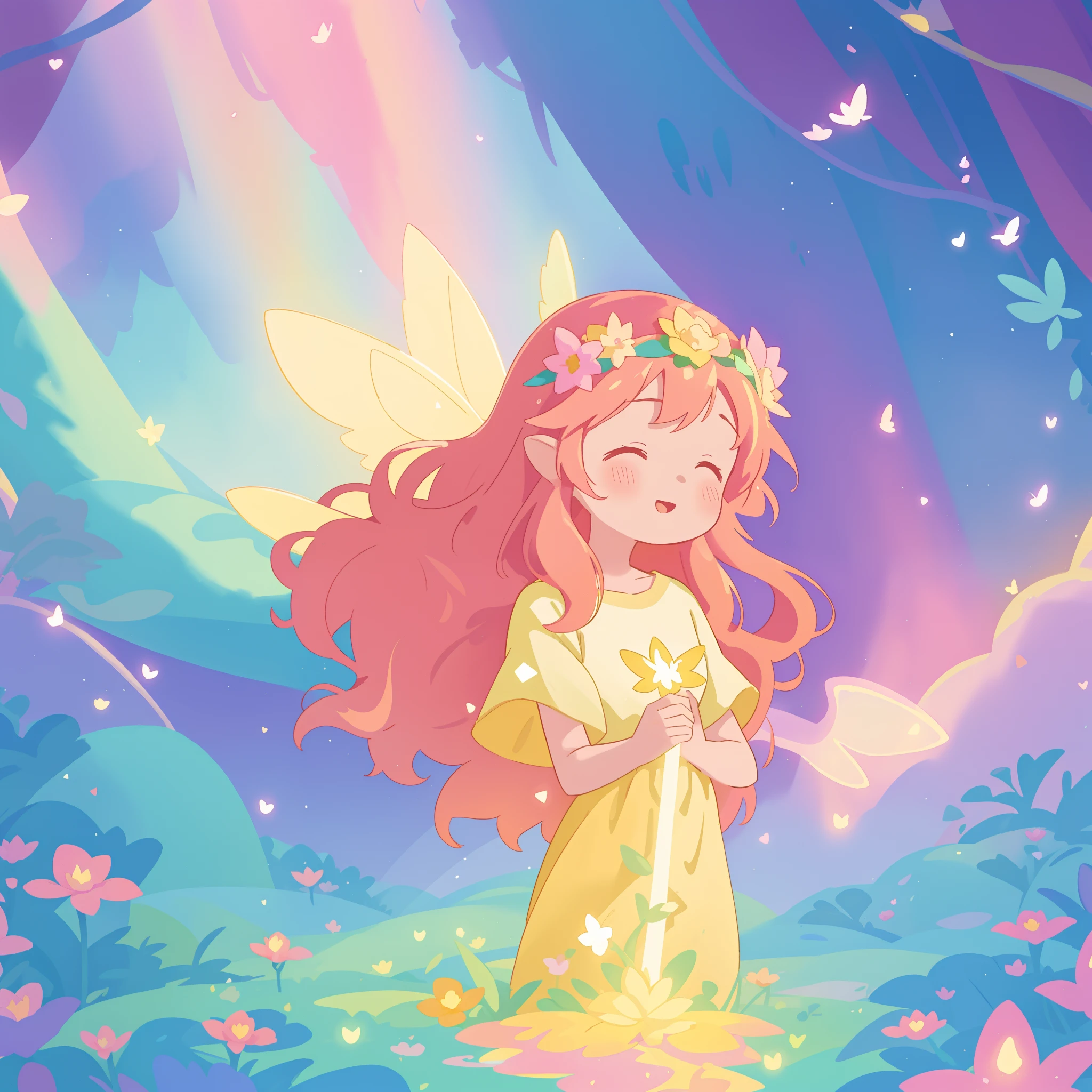 beautiful fairy girl in yellow flowing dress, long curly brown hair, colorful flower crown on her head, colorful fantasia background, large fairy wings, magical pink light, watercolor illustration, disney art style, glowing aura around her, glowing lights, beautiful digital illustration, fantasia otherworldly landscape plants flowers, beautiful, masterpiece, best quality, anime disney style