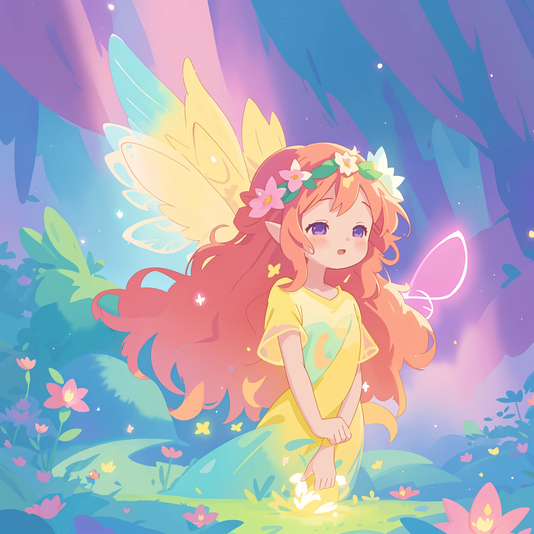 beautiful fairy girl in yellow flowing dress, long curly brown hair, colorful flower crown on her head, colorful fantasia background, large fairy wings, magical pink light, watercolor illustration, disney art style, glowing aura around her, glowing lights, beautiful digital illustration, fantasia otherworldly landscape plants flowers, beautiful, masterpiece, best quality, anime disney style
