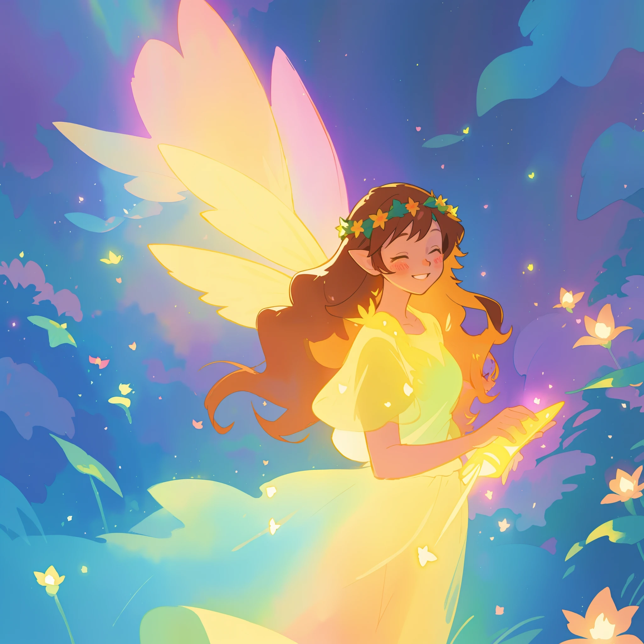 beautiful fairy girl in yellow flowing dress, long curly brown hair, colorful flower crown on her head, colorful fantasia background, large fairy wings, magical pink light, watercolor illustration, disney art style, glowing aura around her, glowing lights, beautiful digital illustration, fantasia otherworldly landscape plants flowers, beautiful, masterpiece, best quality, anime disney style
