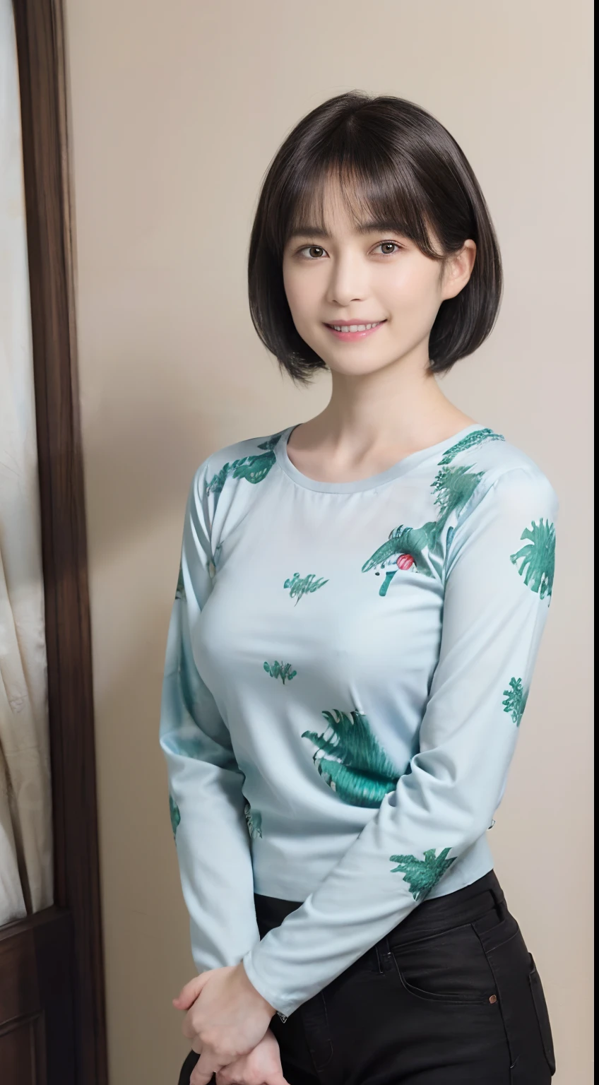 89
(a 20 yo woman,is standing), (A hyper-realistic), (masutepiece), ((short-hair:1.46)), (Smooth black hair), (Breast:1.0), (kindly smile), wear long pants, (Wearing a dinosaur print long-sleeved shirt), (Beautiful skin:1.5), (painterly、picture frame)