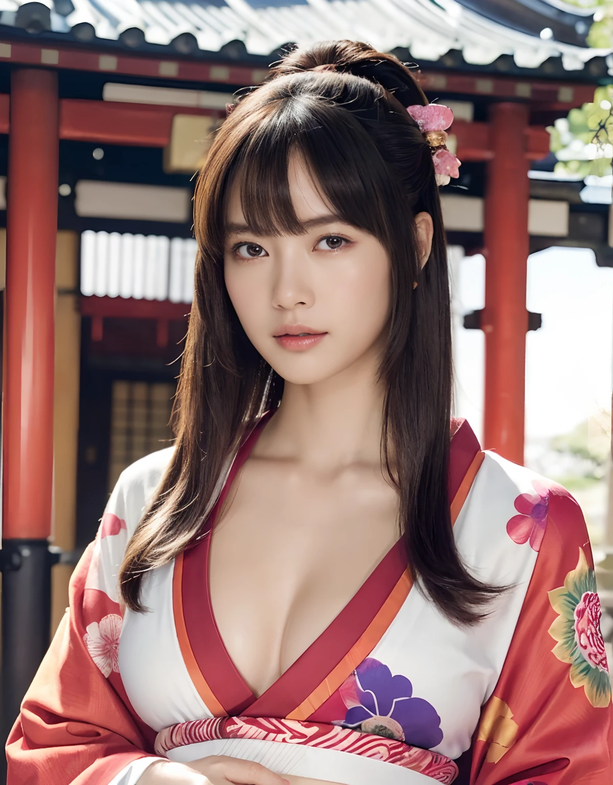 ((oiran woman)),(top-quality、8K、32K、masterpiece、超A high resolution、nffsw:1.3)、(Japan idol:1.3)、1girl in、(Colossal tits)、(((cleavage of the breast))),((extremely heavy breasts)),(short-hair)、abdominals、the perfect body、(((Armpit))),((oiran woman)), Delicate facial features, Ultra-realistic, Hyper-realistic, 鎖骨、Shadow、octan render、((maikurobikini)),((Wear a beautiful kimono with a high degree of exposure)),hyperdetailed face、Detailed lips、finely eye、二重まぶた、(魅惑的)、((agitation:1.5))、maikurobikini、((Navel))、Armpit、((Female ninja)),Kunoichi Ninja、Throw shurikens、Japan holding a sword、Mystical expression、shrine background、Old Town of Japan、((heavy breasts)),Toostock、mecosuji、Kimono with colorful floral pattern、highcontrast、(((Brightly colored kimono))),heavy breasts、((Glamorous Jar)).((Take a variety of sexy poses)),flicker、Kimono comes off、