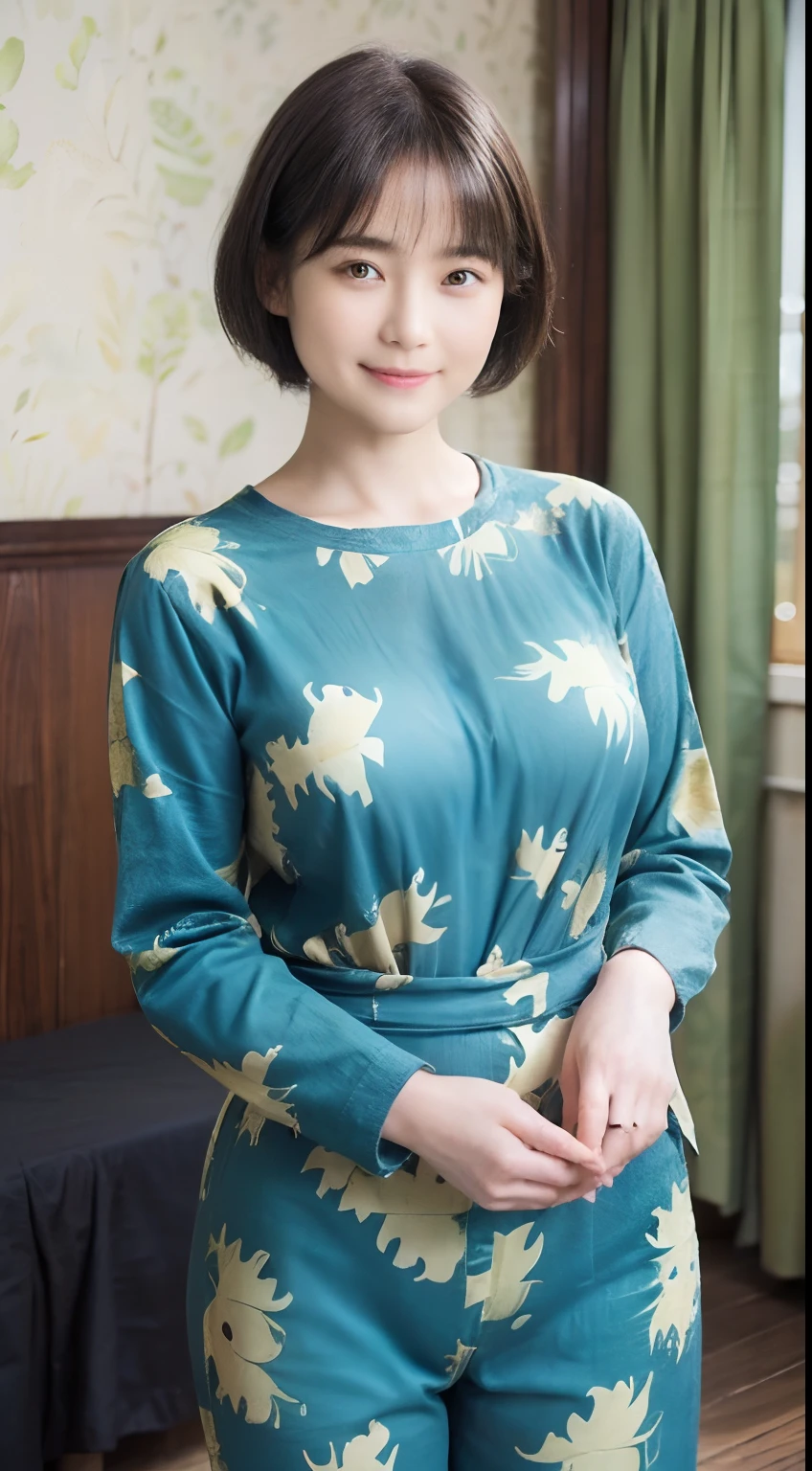 89
(a 20 yo woman,is standing), (A hyper-realistic), (masutepiece), ((short-hair:1.46)), (Smooth black hair), (Breast:1.0), (kindly smile), wear long pants, (Wearing a dinosaur print long-sleeved shirt), (Beautiful skin:1.5), (painterly、picture frame)