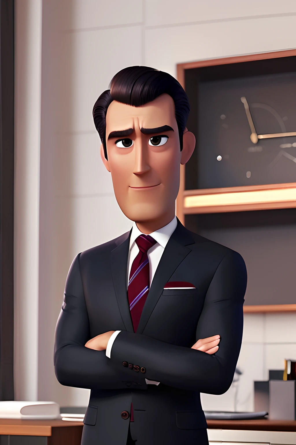 Estilo Pixar, homem de terno, Cabelos escuros, pele escura, arms crossed, without glasses, jovem, Businessman, cara bonita, Olhos escuros, rosto fino, cabelo cacheado, indiano