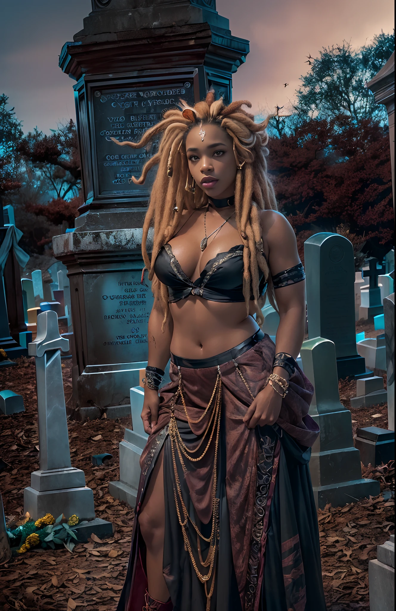 ((29-year-old))) black girl, (((light skin))), (((vampire))), (((New Orleans cemetary, early 20th century night time during mardi grad))), (((bats flying around))), dusk, (((close-up full body pose))),  (((long island bleached reddish blonde dreads))), high heel boots, (((wearing period clothing))), dark fantasy art, Rich, Deep Colours, (intricate details:0.9), (HDR, hyper-detailing:1.2), (natural skin textures, hyper realisitc, soft light, Sharp),