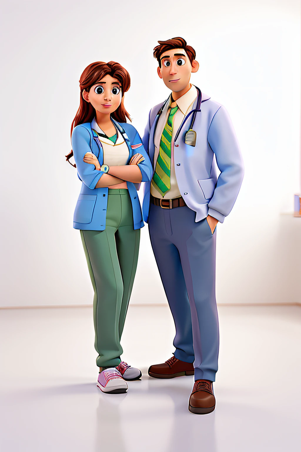 a couple, against the background of a hospital, wearing doctor's clothes, PIXAR-style.