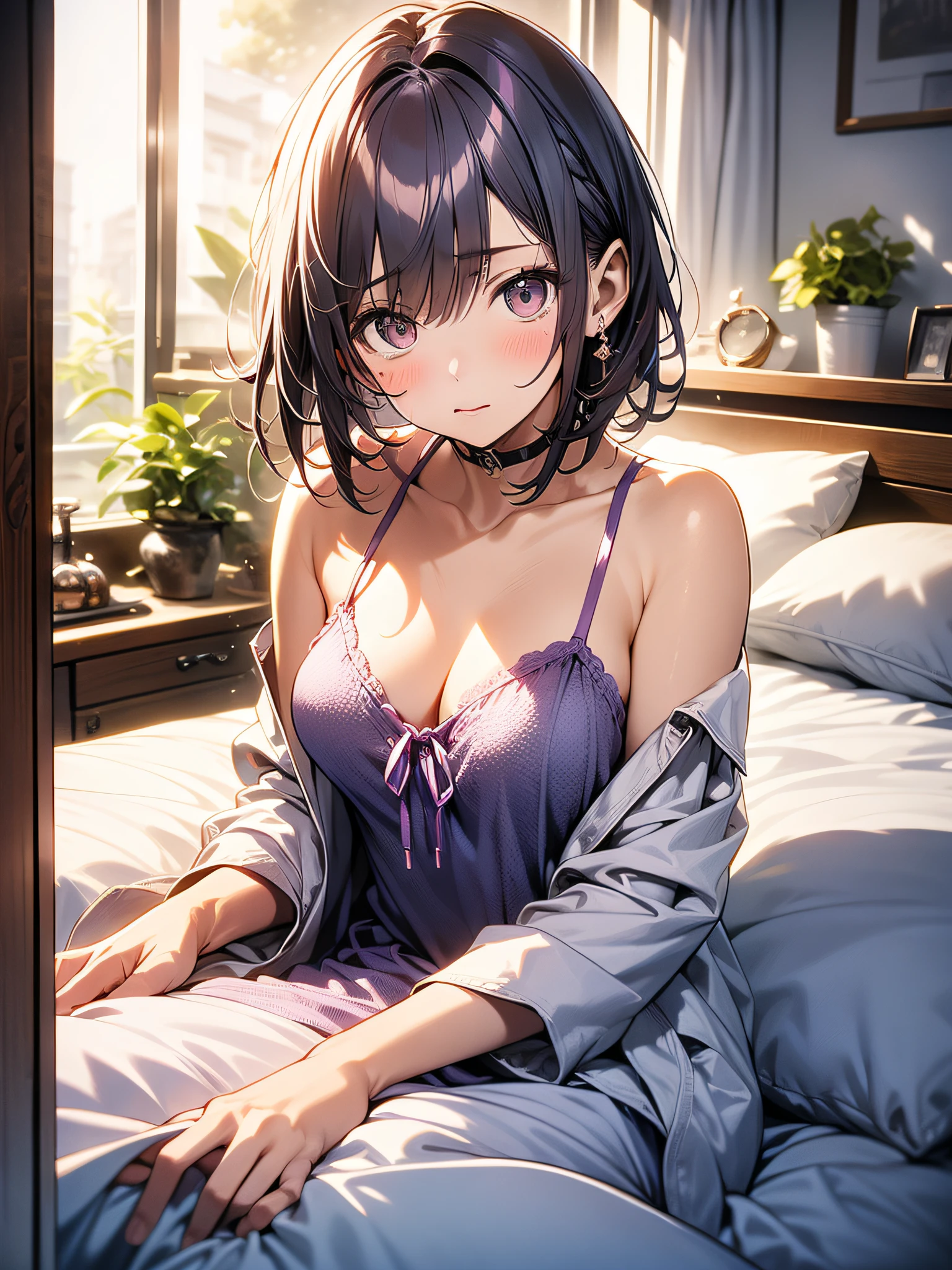 in 8K、top-quality、masterpiece、ultra-detailliert、Ultra-high resolution、((1 persons))、girl with、purple color hair、Medium chest、(((on the beds)))、Red face、camisole