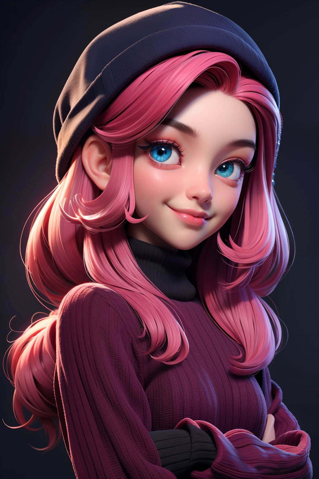 Estilo 3DMM, (obra-prima, qualidade superior, melhor qualidade, arte oficial, handsome and aesthetic: 1.2), (arte fractal: 1.3), 1girl, bonita, alta detalhado, cabelo vermelho com um toque de rosa, olhos verdes, dark ilumination, rosto sorrindo, looking at the sky, heaven, medium shot, black sweater.