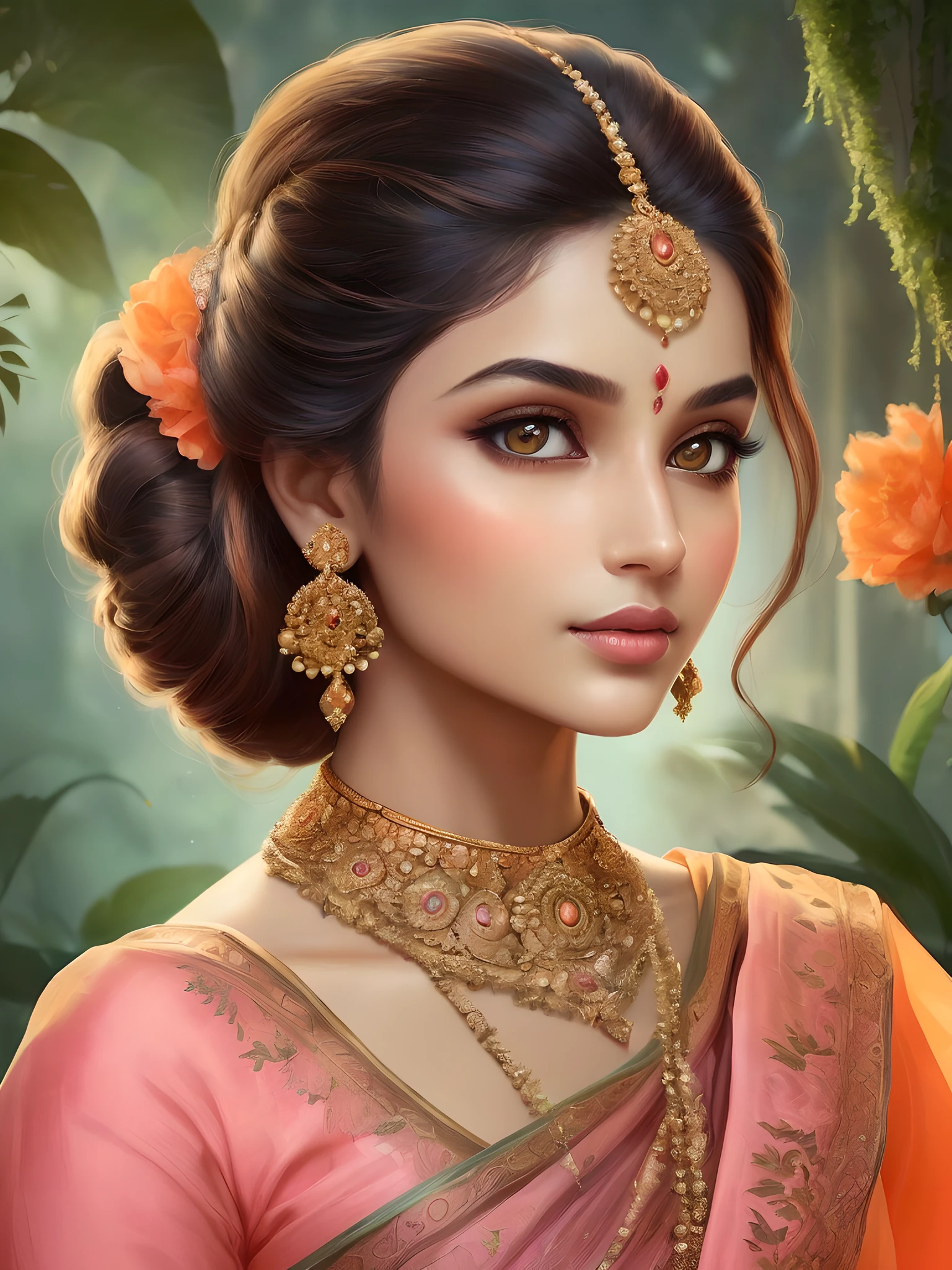 Produce a mesmerizing artwork of a young lady adorned in an intricately embroidered saree, reflecting timeless beauty. Emphasize her captivating eyes that speak volumes, her sculpted and elegant nose, and her lips, reminiscent of delicate pink petals. Her complexion should be flawlessly fair, adorned with a subtle touch of blush, enhancing her enchantment. Her eyes are strikingly adorned in a shade of orange, adding an element of intrigue to her gaze. She boasts a cascade of lush brown hair, carefully styled to accentuate her allure. Her physique should be gracefully slender, a testament to perfection. The coiffure she adorns should be artistically arranged to frame her countenance, an embodiment of enchantment. Set her against a background that elevates her beauty, painting an enchanting scene that enhances the overall elegance of the composition. Employ a palette of rich and vibrant hues to create a work of art that captures the essence of grace and captivation.
