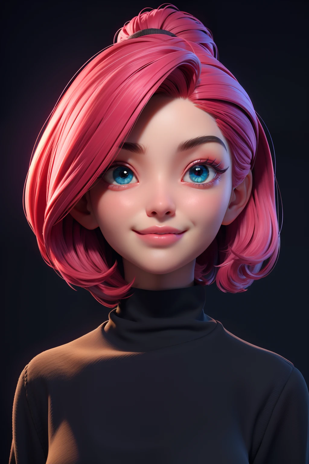 Estilo 3DMM, (obra-prima, qualidade superior, melhor qualidade, arte oficial, handsome and aesthetic: 1.2), (arte fractal: 1.3), 1girl, bonita, alta detalhado, cabelo vermelho com um toque de rosa, olhos verdes, dark ilumination, rosto sorrindo, looking at the sky, heaven, medium shot, black sweater.