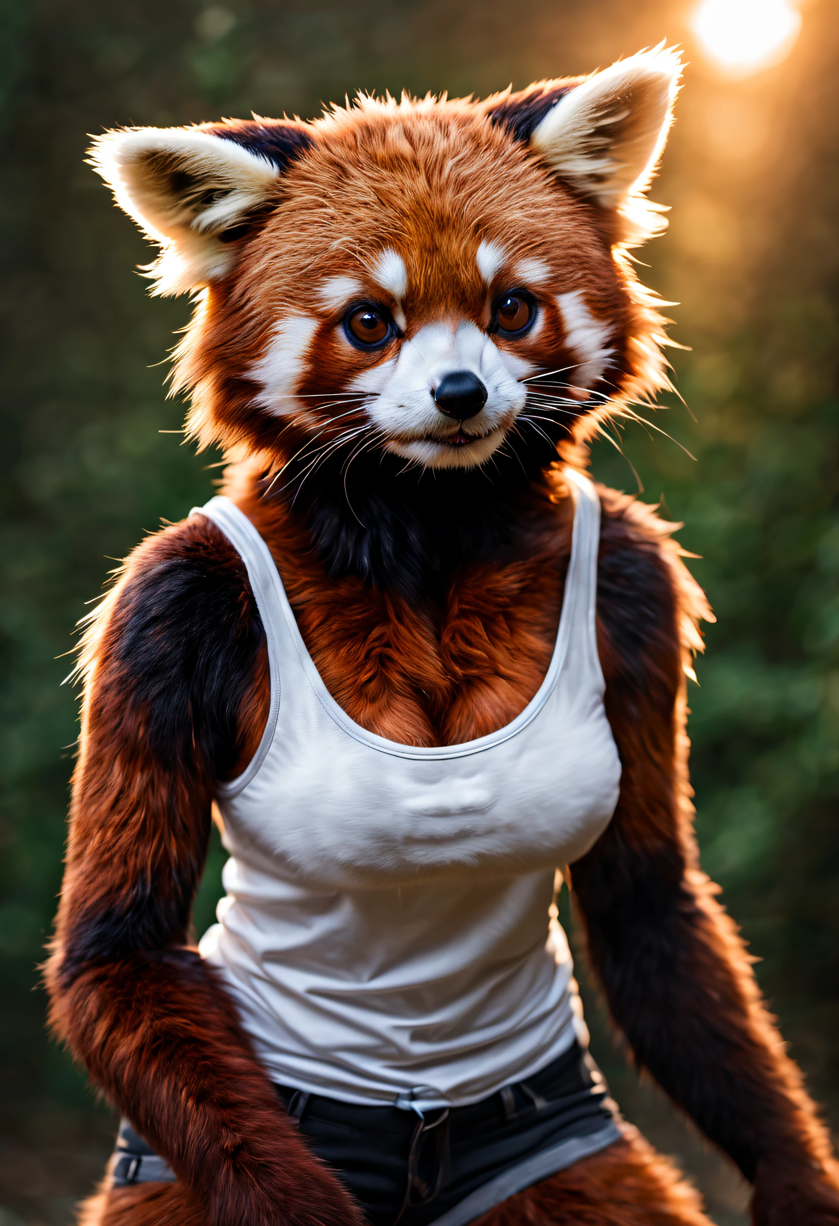 Closeup photo upper body of an anthro furry red panda female fluffy full realistic body fur , paws, paw pads towards viewer, wearing a loose white tank top, high quality photography, 3 point lighting, flash with softbox, 4k, Canon EOS R3, hdr, smooth, sharp focus, high resolution, award winning photo, 80mm, f2.8, bokeh