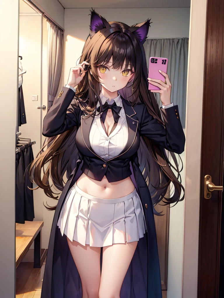 Masterpiece, Best quality, Realistic, Real, incredibly_absurderes, Colorful, stars, intense shading, Girl, Long hair, Brown hair, Wavy hair, view the viewer, Laughing, eye bags, purple eyeshadow, Small breasts, shirt, ribbed sweater, Black sports bra , Miniskirt, Transparent underwear, white thighhighs, Earrings, jewelry, half gloves , neck bowtie, Bracelet, nipple tweak_thigh high,