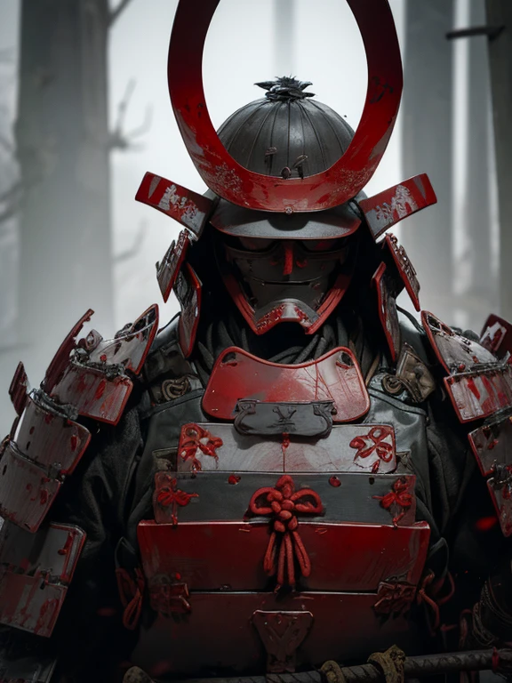 Fallen Samurai,embers,gloomy and creepy atmosphere,Red Samurai,dramatic  lighting,Cracked Red Armor, intricate details,A Lost Battle,Fading Glory,Ghostly Shadows,foggy background,Face under the mask,Majestic Helmet,A lonely figure,Rising smoke,Doomed Fate,Grim Ruins,Majestic Composition,Military Honor,desolation,Fire fighting,A sinister presence,Ash and smoke,Bloodstained Earth,worn-out armor,determination,Glyph of Courage,The End of the Samurai Era,A devastated battlefield, Standing in the middle of the battlefield [Muted color palette],[subdued tones],[Intrusive atmosphere:0.9]