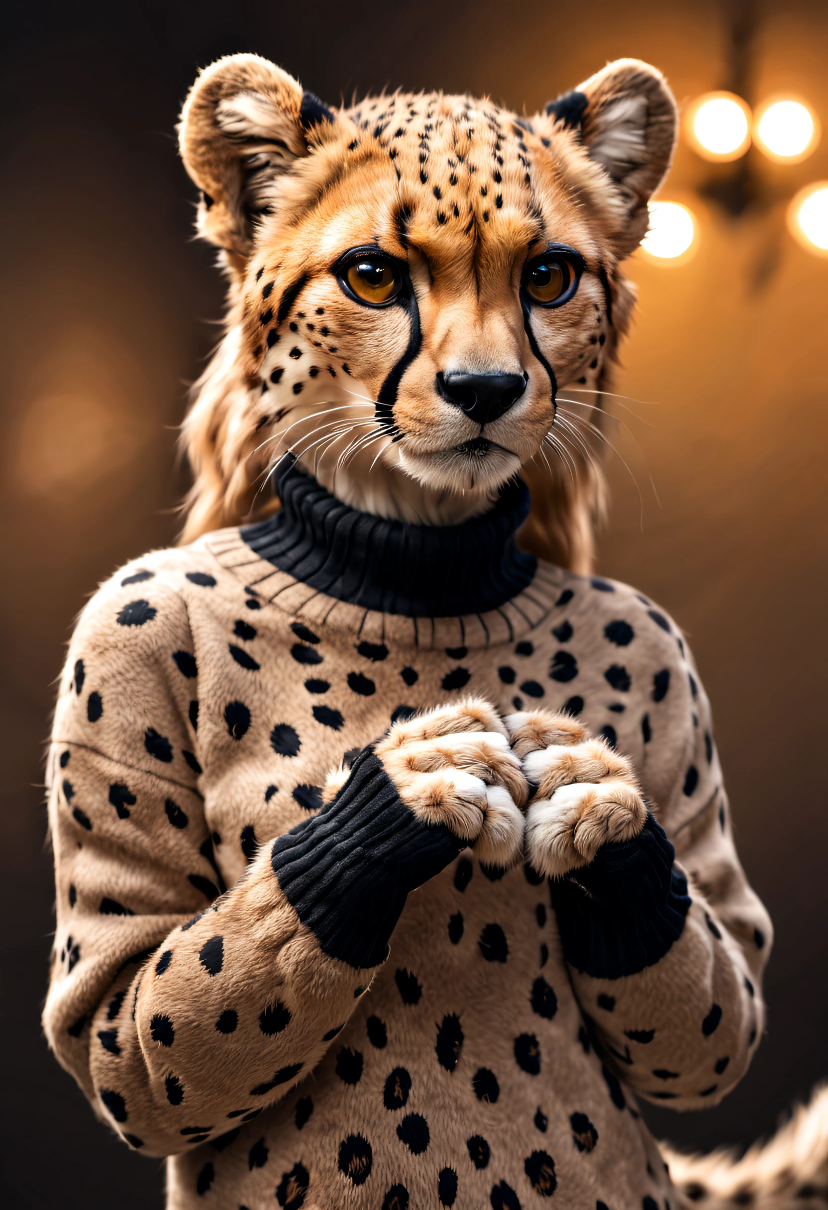 Closeup of an anthro furry cheetah female wearing a wool sweater, paws, paw pads towards viewer, high quality photography, 3 point lighting, flash with softbox, 4k, Canon EOS R3, hdr, smooth, sharp focus, high resolution, award winning photo, 80mm, f2.8, bokeh