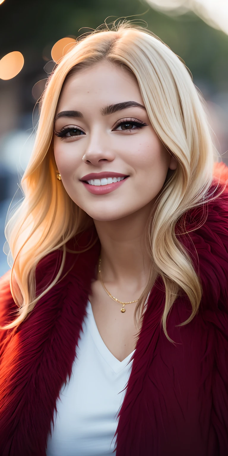 Foto de uma menina russa de 20 anos, Mulher russa bonita crua, (Loiro com longos cabelos lisos), ((retrato)), ((Rosto detalhado:1.2)), ((detailed facial features)), (pele finamente detalhada), pale skin,Clothes with visible fluffy neckline、Um sexy(cor fria), humid, Refletores, (masutepiece) (perfectly proportions)(fotos realistas)(best quality) (circunstanciado) fotografado em uma Canon EOS R5, Lente 50mm, F/2.8, NFFSW, (Sorrindo)Sorriu、 (papel de parede) (Cinematic lighting) (dramatic lighting) (foco nítido) (Complicado) Standing in a fur coat、Moscovo、quadrado vermelho、cena noturna、Full body photo standing、Desfile de moda Moscou、Ilumine a Catedral de Vasilii