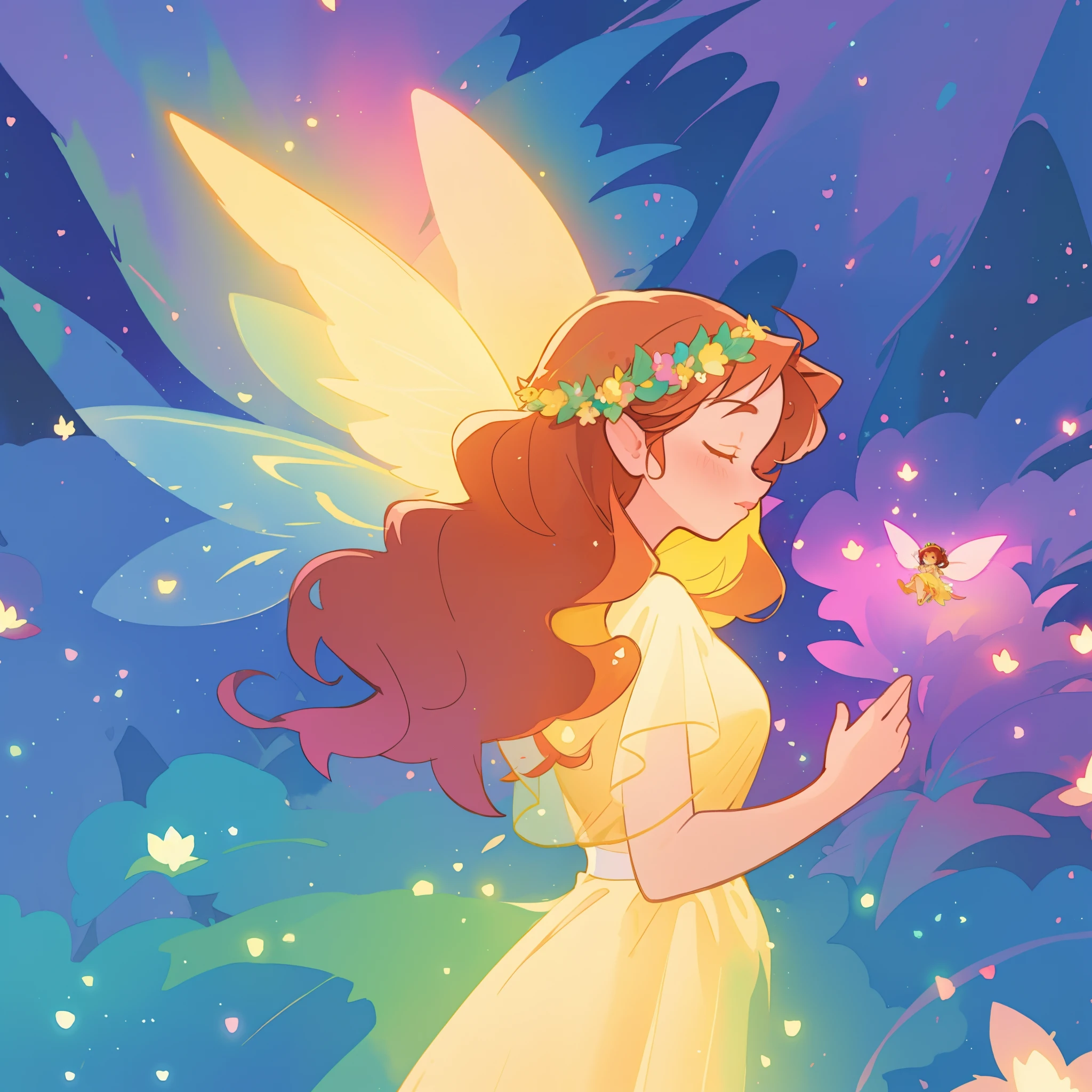 beautiful fairy girl in yellow flowing dress, long curly brown hair, colorful flower crown on her head, colorful fantasia background, large fairy wings, magical pink light, watercolor illustration, disney art style, glowing aura around her, glowing lights, beautiful digital illustration, fantasia otherworldly landscape plants flowers, beautiful, masterpiece, best quality, anime disney style