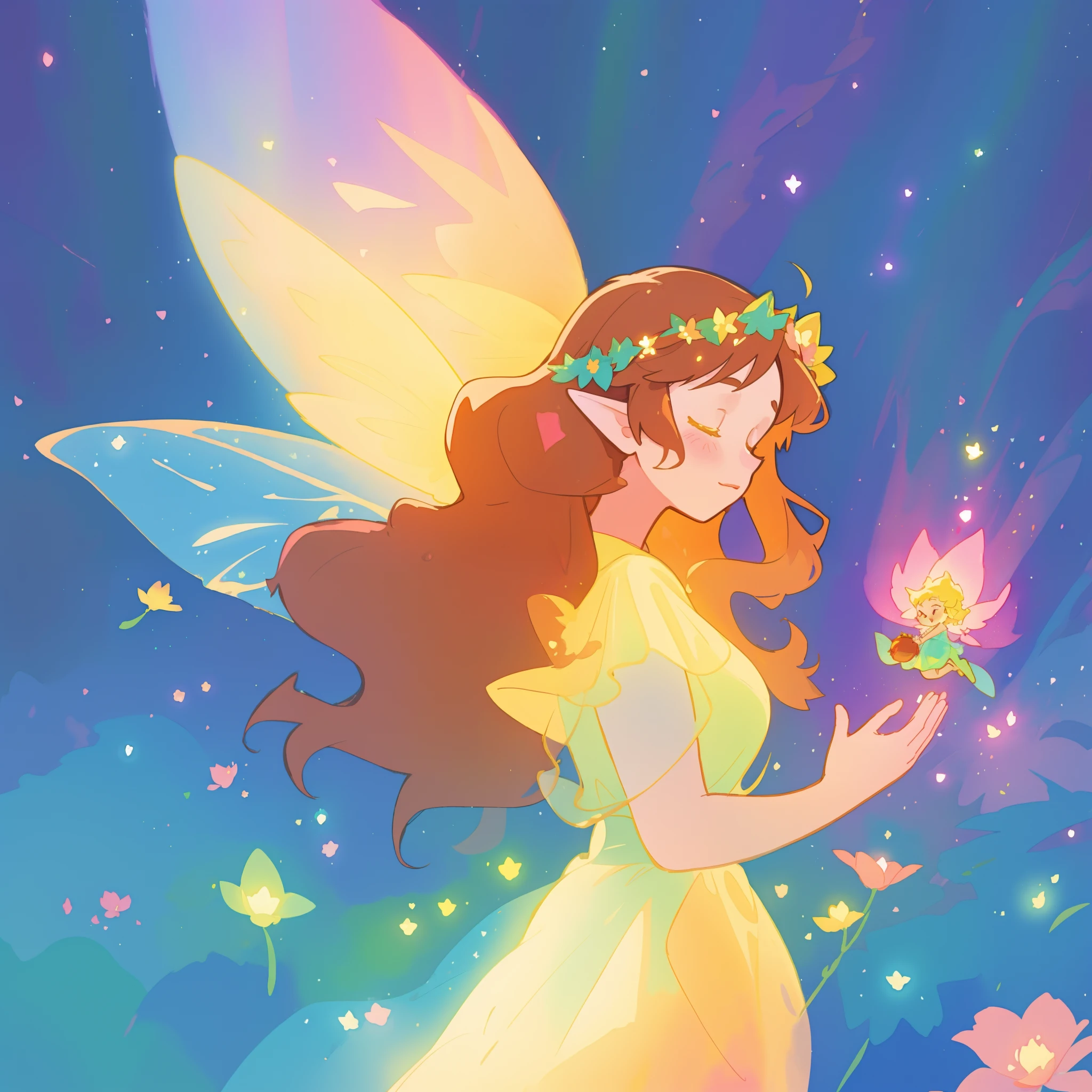 beautiful fairy girl in yellow flowing dress, long curly brown hair, colorful flower crown on her head, colorful fantasia background, large fairy wings, magical pink light, watercolor illustration, disney art style, glowing aura around her, glowing lights, beautiful digital illustration, fantasia otherworldly landscape plants flowers, beautiful, masterpiece, best quality, anime disney style
