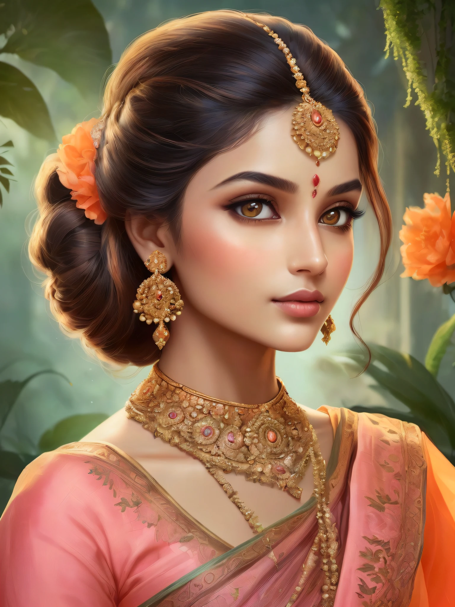 Produce a mesmerizing artwork of a young lady adorned in an intricately embroidered saree, reflecting timeless beauty. Emphasize her captivating eyes that speak volumes, her sculpted and elegant nose, and her lips, reminiscent of delicate pink petals. Her complexion should be flawlessly fair, adorned with a subtle touch of blush, enhancing her enchantment. Her eyes are strikingly adorned in a shade of orange, adding an element of intrigue to her gaze. She boasts a cascade of lush brown hair, carefully styled to accentuate her allure. Her physique should be gracefully slender, a testament to perfection. The coiffure she adorns should be artistically arranged to frame her countenance, an embodiment of enchantment. Set her against a background that elevates her beauty, painting an enchanting scene that enhances the overall elegance of the composition. Employ a palette of rich and vibrant hues to create a work of art that captures the essence of grace and captivation.