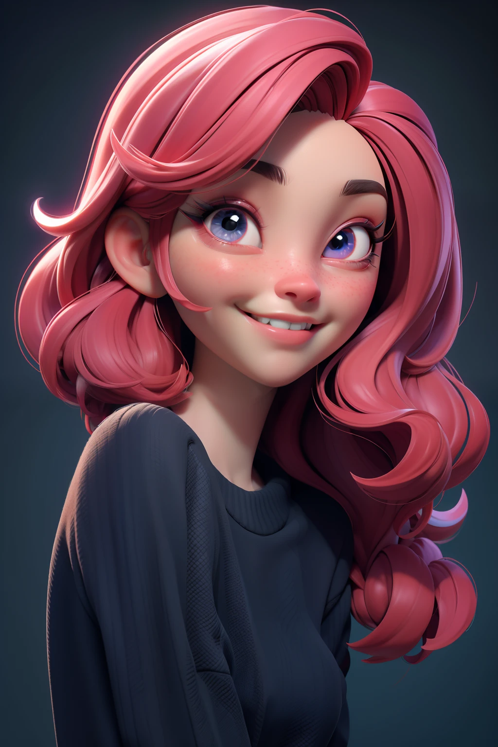 Estilo 3DMM, (obra-prima, qualidade superior, melhor qualidade, arte oficial, handsome and aesthetic: 1.2), (arte fractal: 1.3), 1girl, bonita, alta detalhado, cabelo vermelho com um toque de rosa, olhos verdes, dark ilumination, rosto sorrindo, looking at the sky, heaven, medium shot, black sweater.