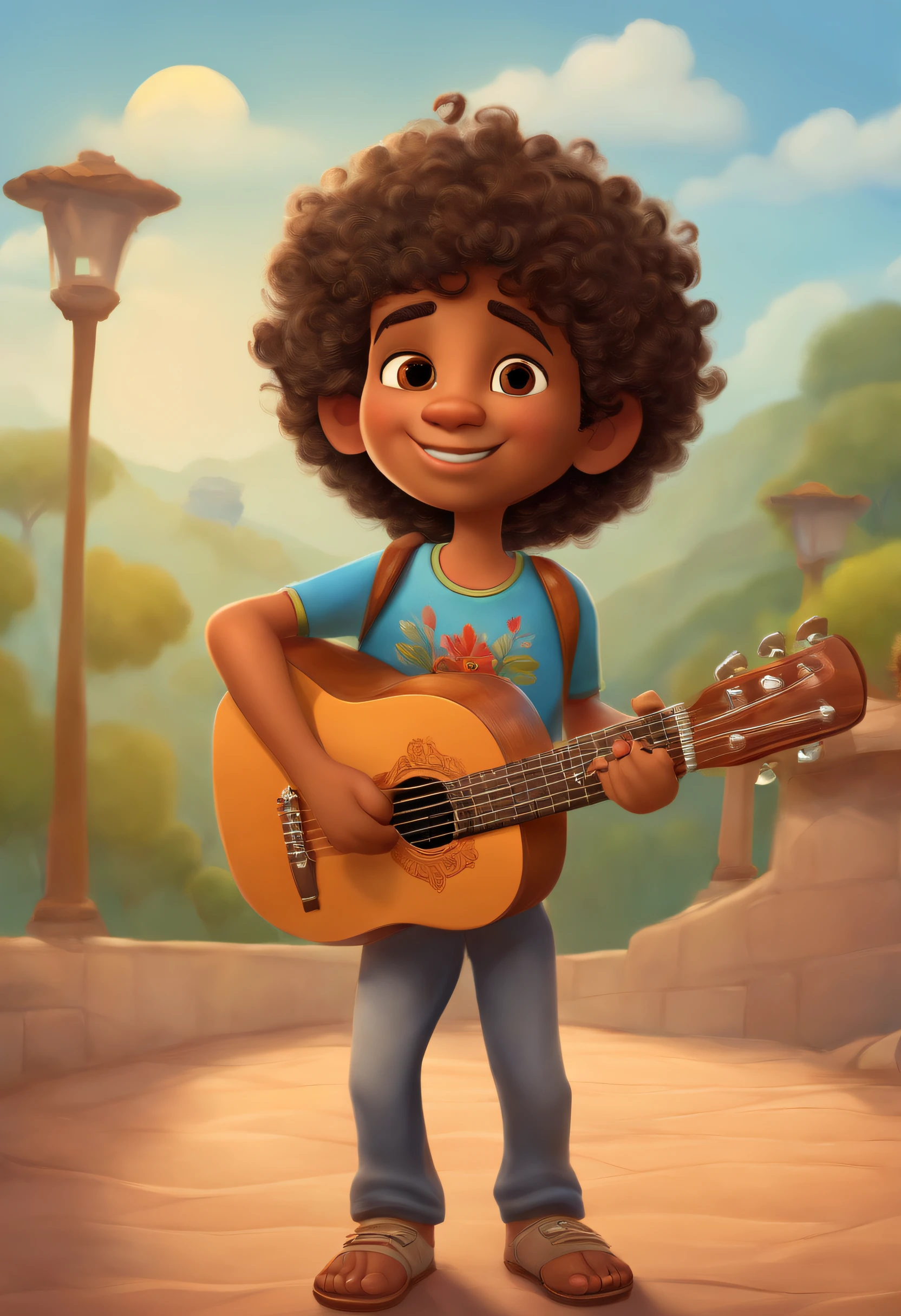 crie um banner no estilo Pixar. A boy with Indian features, moreno pardo com cabelos curtos, Castanhos escuros, Curly and slightly grayish appearance, mas jovem, usando uma camiseta, Wearing jeans and holding a classical guitar with 7 strings.
