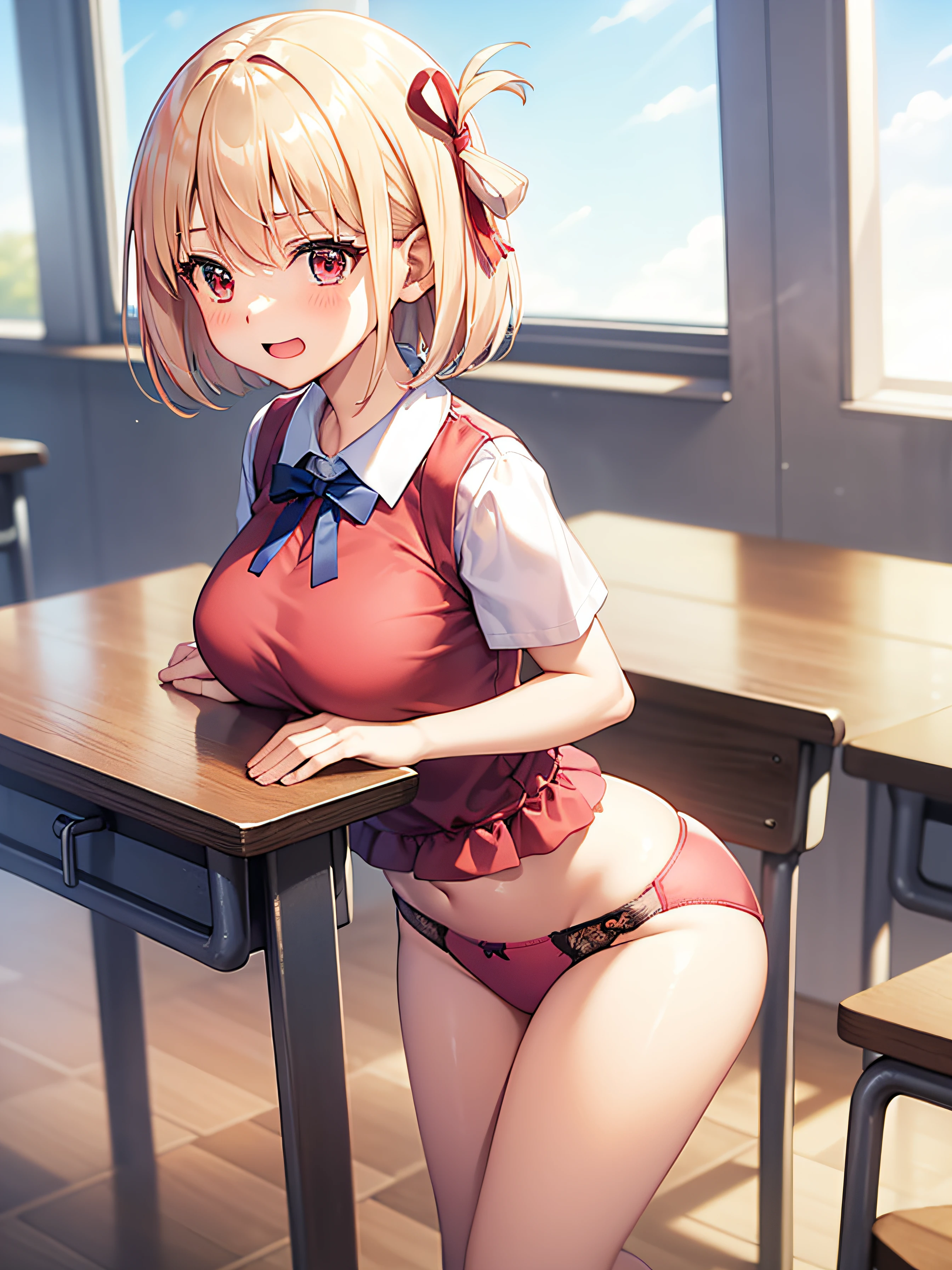 top-quality、masutepiece、1girl in、platinum-blonde、Bob Hair、Red ribbons、in one's underwear only、Pink lingerie、to close range、red blush、Kamimei、Staring at this、Cute anime illustration、tits out、lighting like a movie、top-quality、High school girl pulling her panties down to her thighs in a school classroom、Laugh、Nearly taking off your panties、ripped school uniform