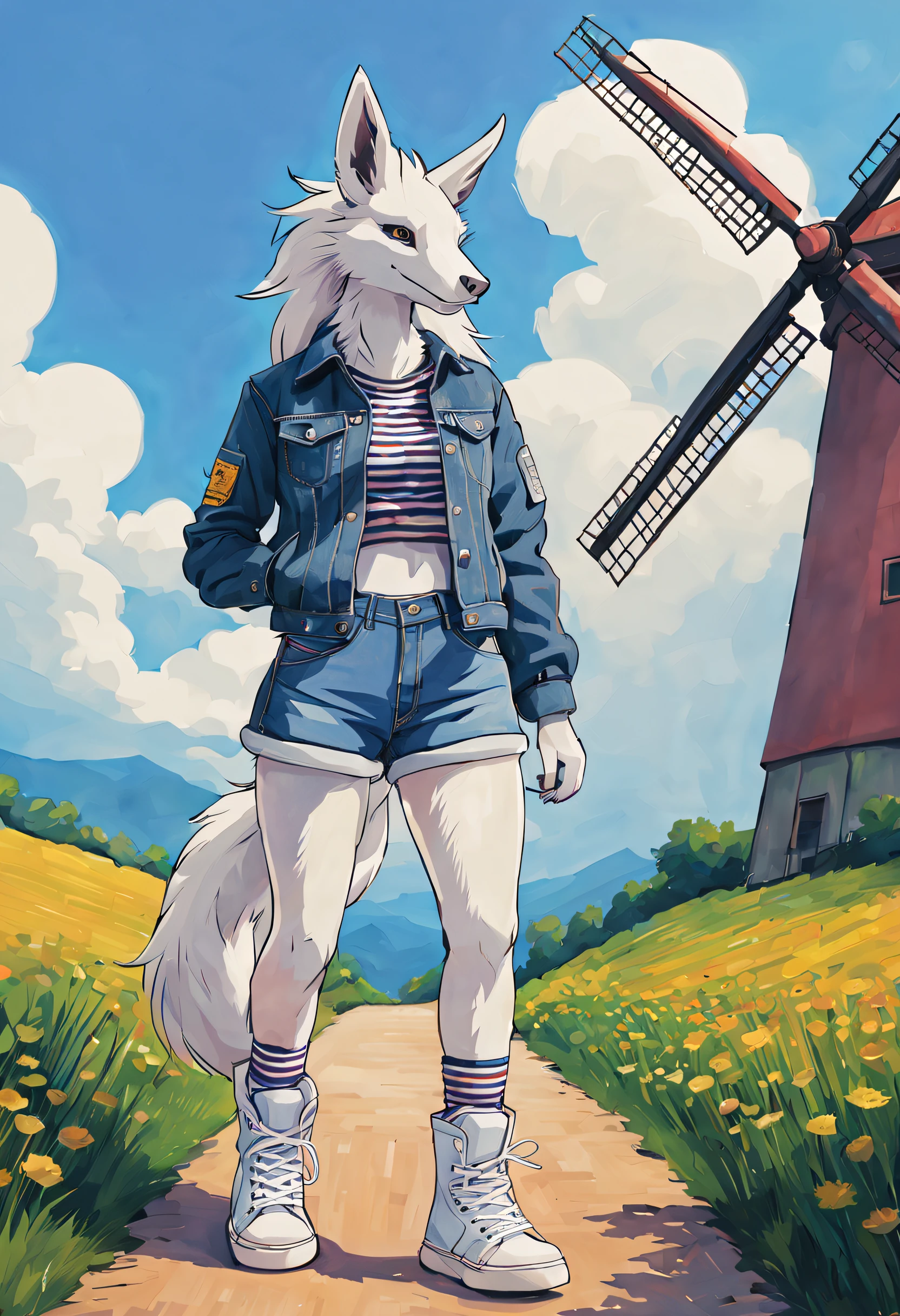 Stylized Anime artwork, 300mm+ focal length, furry, female, Sergal, girl, windmill, denim jacket, striped shirt, and white sneakers, boots, detailed digital acrylic painting, color graded, studio ghibli, highly detailed