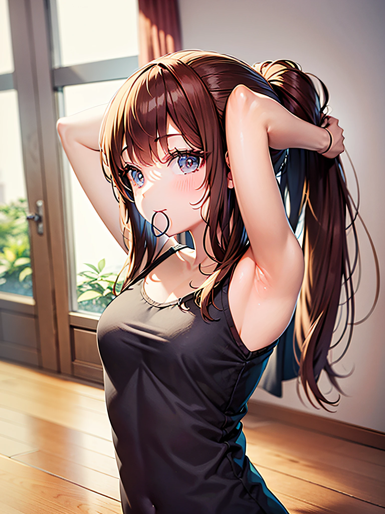 in 8K、top-quality、​masterpiece、ultra-detailliert、Ultra-high resolution、((1 persons))、girl with、Room at home、brown haired、camisole、stop hair、Put it in your mouth