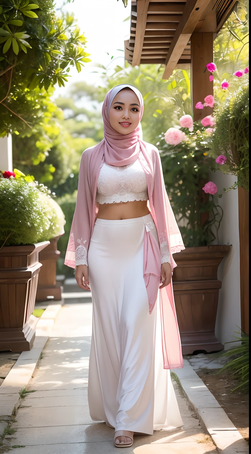 RAW, Best quality, high resolution, Masterpiece: 1.3), Beautiful Malay woman in hijab, Masterpiece, Perfect slim body, ((Big breasts)), Beautiful big eyes, Soft smile,Malay woman in hijap a white dress with small floral motifs and a pink shawl, wearing a white hijab, wearing beautiful clothes, wearing a long flowing cloth, white and pink, white silk clothes, wearing a crop top, white and light pink clothes, big breasts, wearing white clothes long skirt, wearing elegant clothes, malay beauty, beautiful malay woman, wearing sexy cropped top, sultry body with sexy belly, morning time, laughing, happy, bright sunlight, flower garden path, blurred background, bokeh,