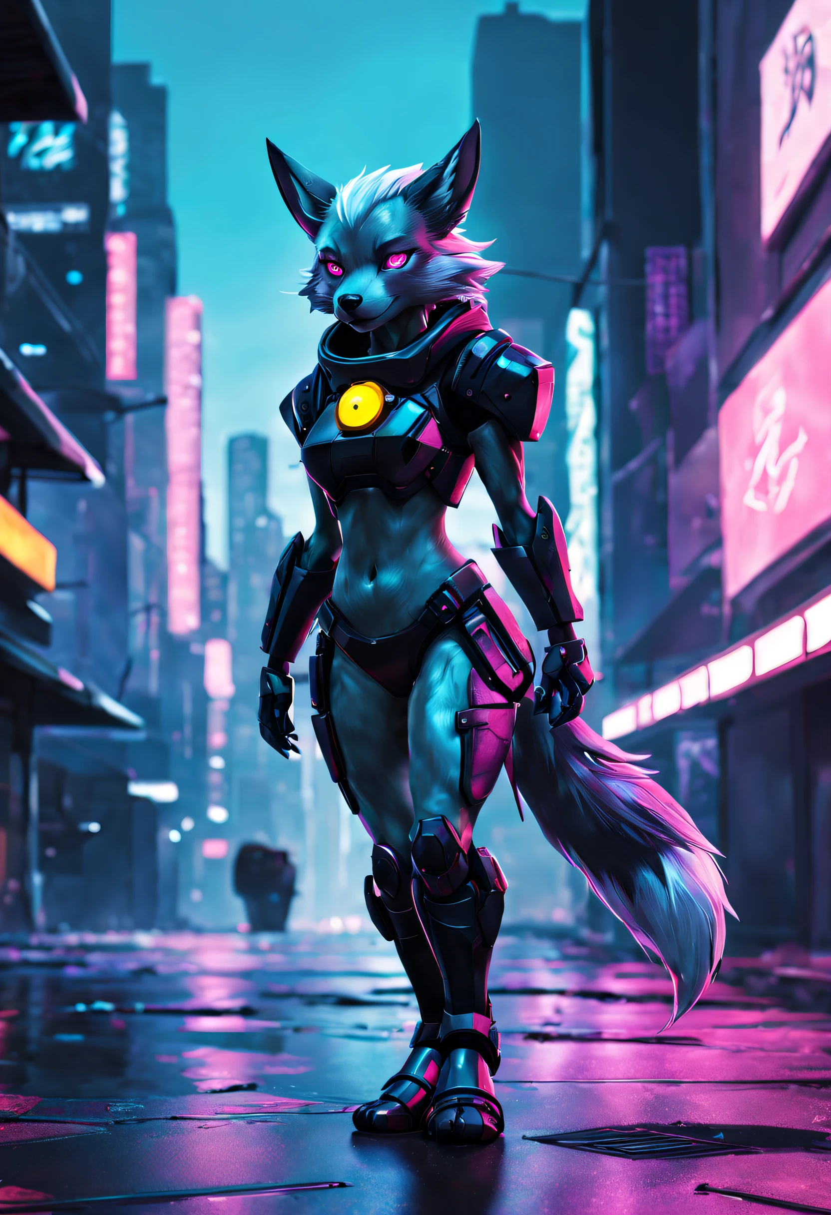 Stylized anime artwork, a female protogen furry, solo, skinny, digital painting, pallet knife, photoshop acrylic painting, anime studio, color graded, subsurface scattering, HDR, cinematic lighting, masterpiece, best quality, detailed, absurd res, bloom, (cyberpunk city)