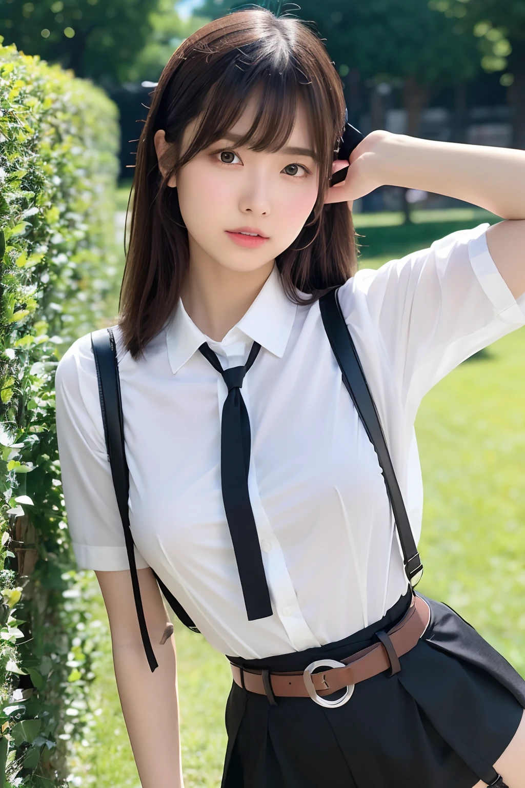 ​masterpiece、flat-colors、depth of fields、lens flare 1 girl、、Brown hair、watching at viewers　　　black suspenders　　　bulging big breasts　　　 　 Armpit sweat　perspiring　Side of both hands　　walls: 　Black miniskirt　Garter Belt Chain　　　　　arma　Gaze　　　Small face　Bangs Upper Eyes　flank　　Colorcon　The shirt　holster　　a belt