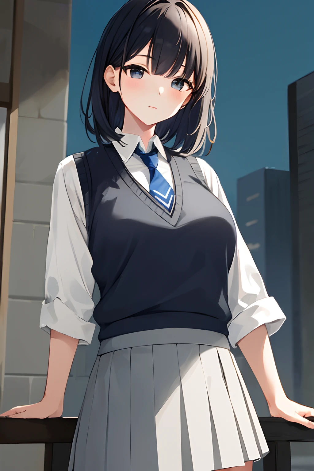 masterpiece, high quality, 8k, beautiful lighting, 1girl, solo, akane, white shirt, sweater vest, black vest, blue necktie, outdoors, upper body, skirt, light grey skirt, cowboy shot, looking at viewer