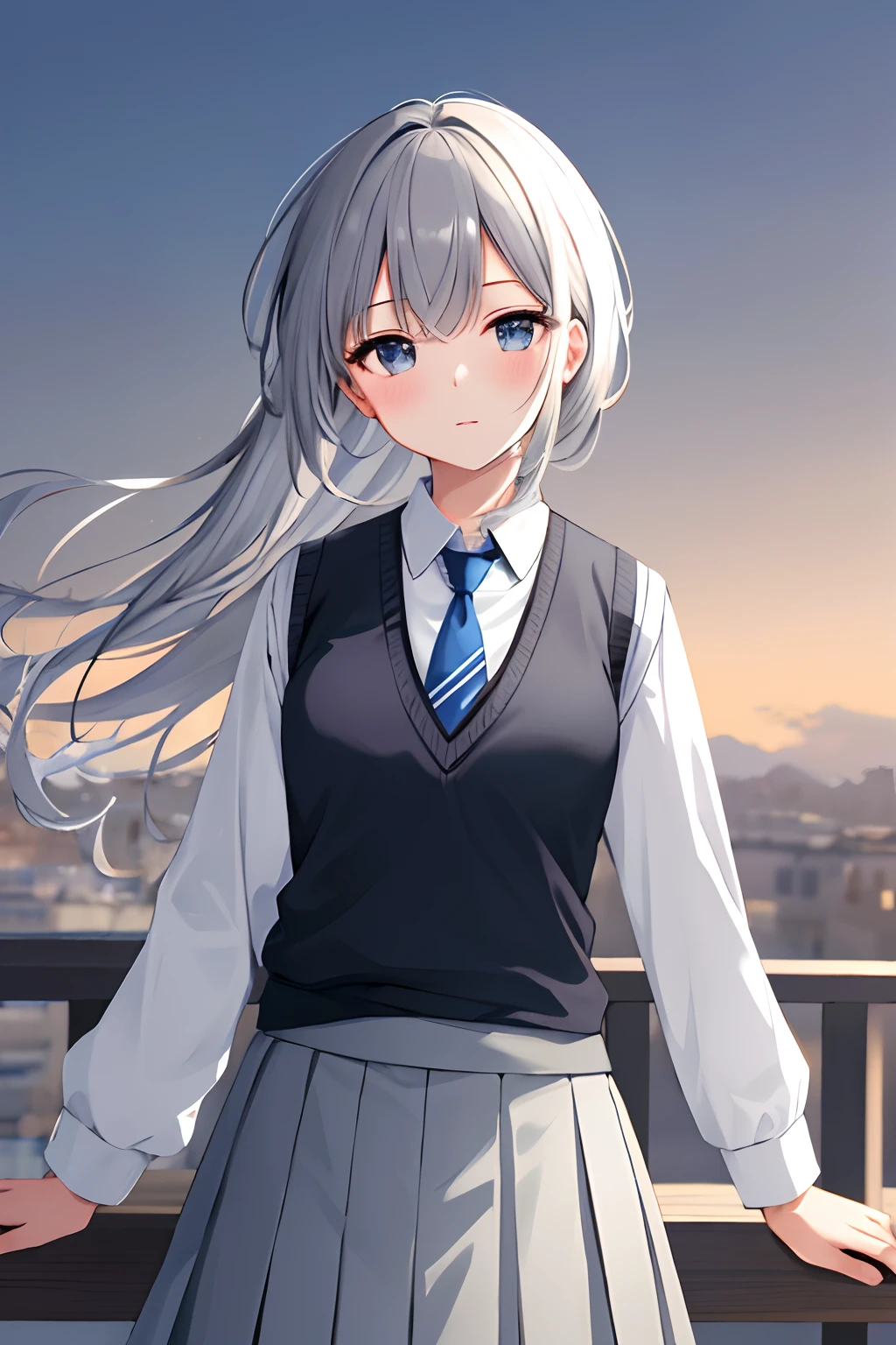 masterpiece, high quality, 8k, beautiful lighting, 1girl, solo, akane, white shirt, sweater vest, black vest, blue necktie, outdoors, upper body, skirt, light grey skirt, cowboy shot, looking at viewer