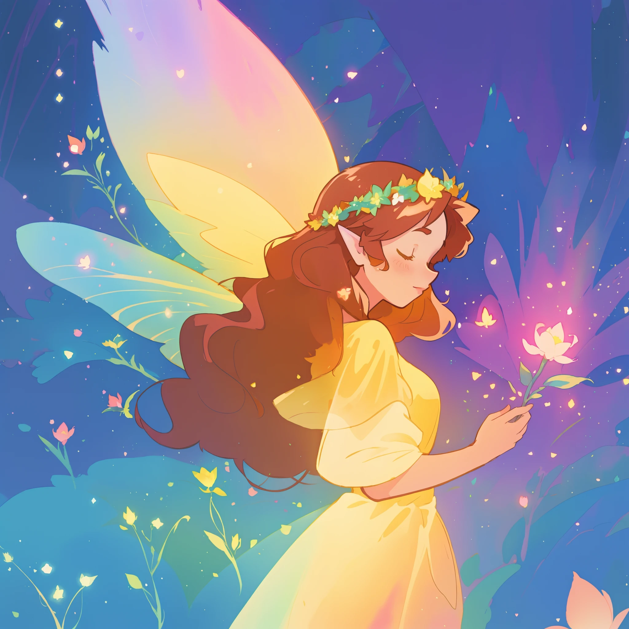 beautiful fairy girl in yellow flowing dress, long curly brown hair, colorful flower crown on her head, colorful fantasia background, large fairy wings, magical pink light, watercolor illustration, disney art style, glowing aura around her, glowing lights, beautiful digital illustration, fantasia otherworldly landscape plants flowers, beautiful, masterpiece, best quality, anime disney style