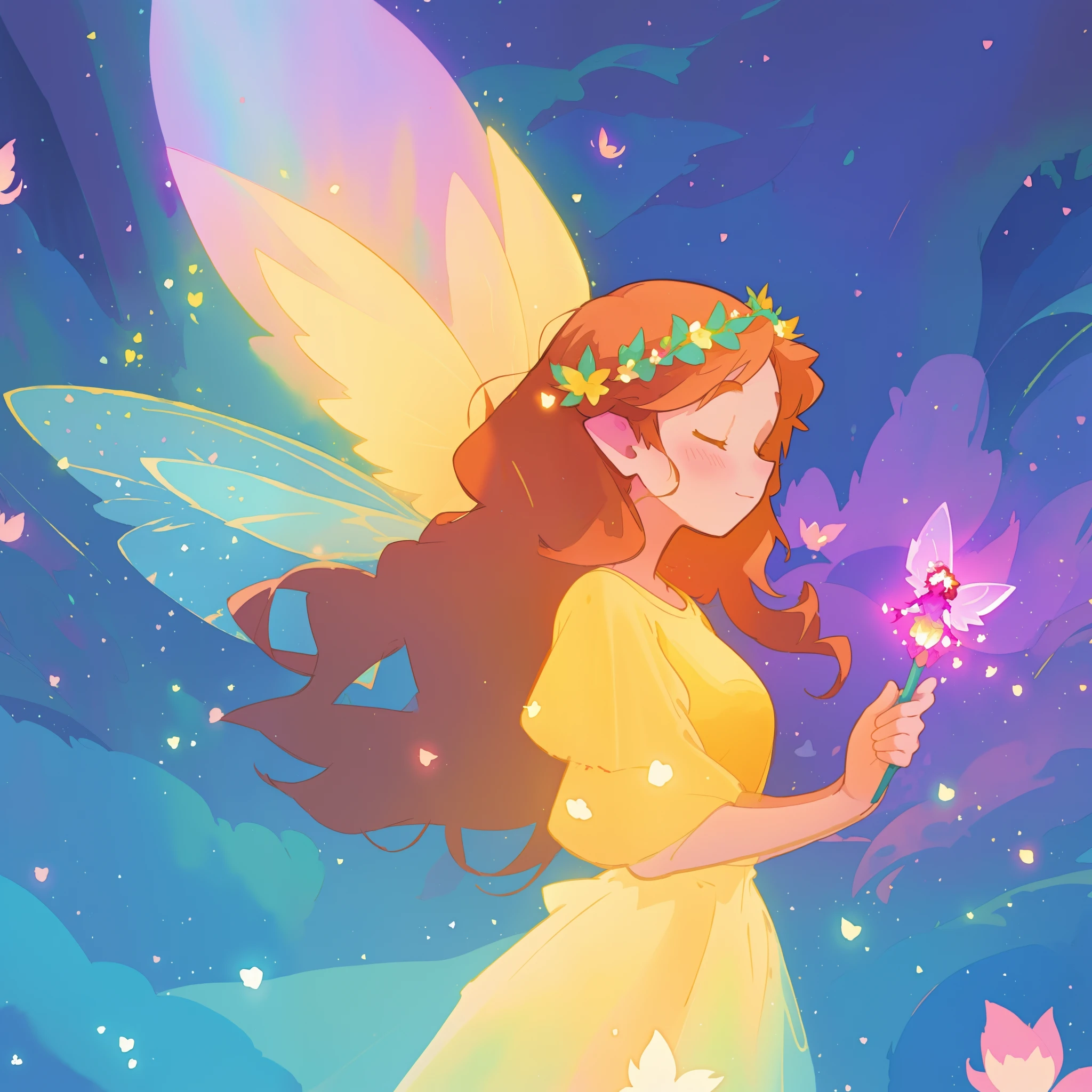 beautiful fairy girl in yellow flowing dress, long curly brown hair, colorful flower crown on her head, colorful fantasia background, large fairy wings, magical pink light, watercolor illustration, disney art style, glowing aura around her, glowing lights, beautiful digital illustration, fantasia otherworldly landscape plants flowers, beautiful, masterpiece, best quality, anime disney style