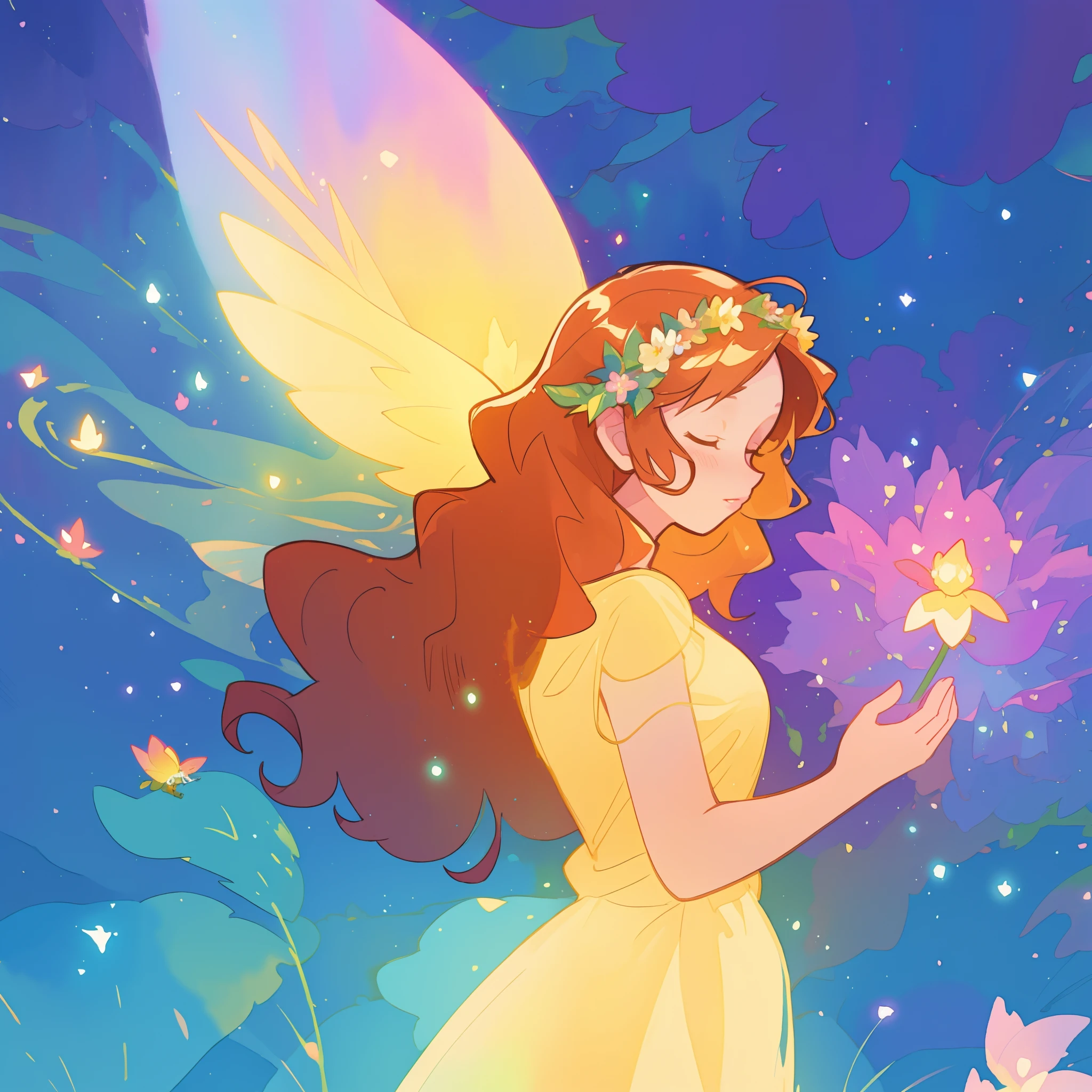 beautiful fairy girl in yellow flowing dress, long curly brown hair, colorful flower crown on her head, colorful fantasia background, large fairy wings, magical pink light, watercolor illustration, disney art style, glowing aura around her, glowing lights, beautiful digital illustration, fantasia otherworldly landscape plants flowers, beautiful, masterpiece, best quality, anime disney style