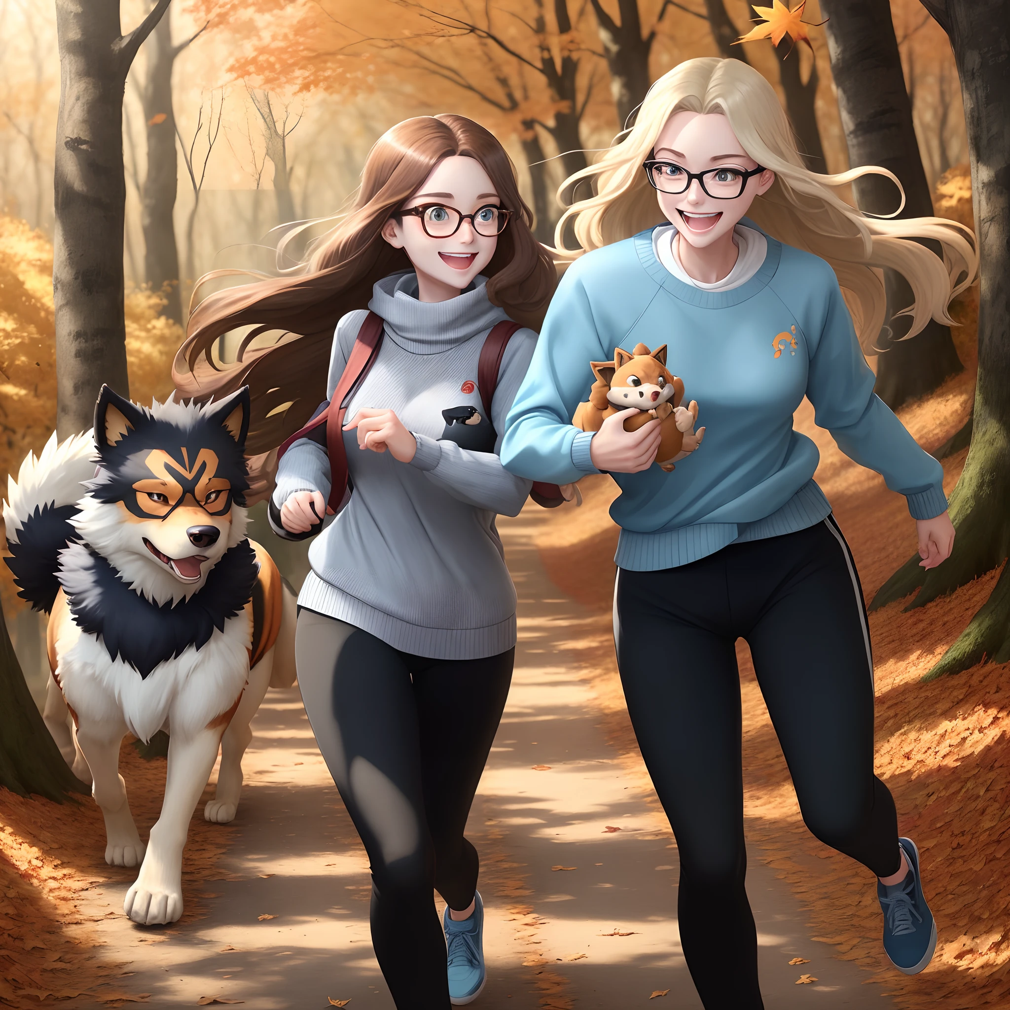 in the forest during fall a white skinny young woman with long brown hair, light blue eyes, with black rectangular glasses, wearing a light blue sweater and gray sweatpants is playing in the fall leaves with a Pokémon called Arcanine. they are having fun and playing running around in the leaves
