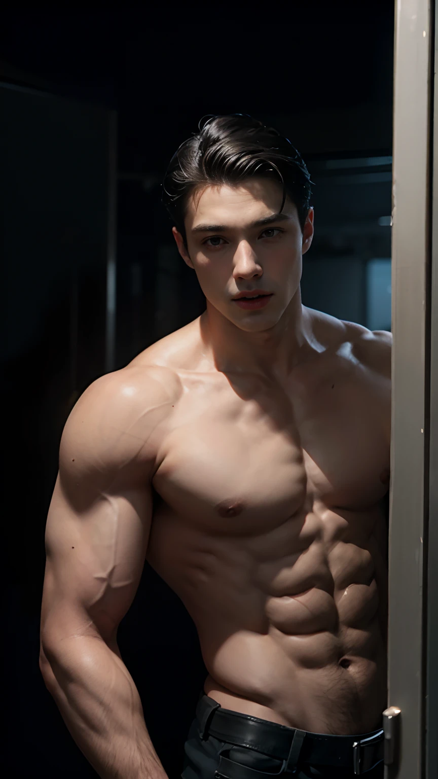 Young Bruce Wayne man black hair, big muscular body, in topless, in dark room