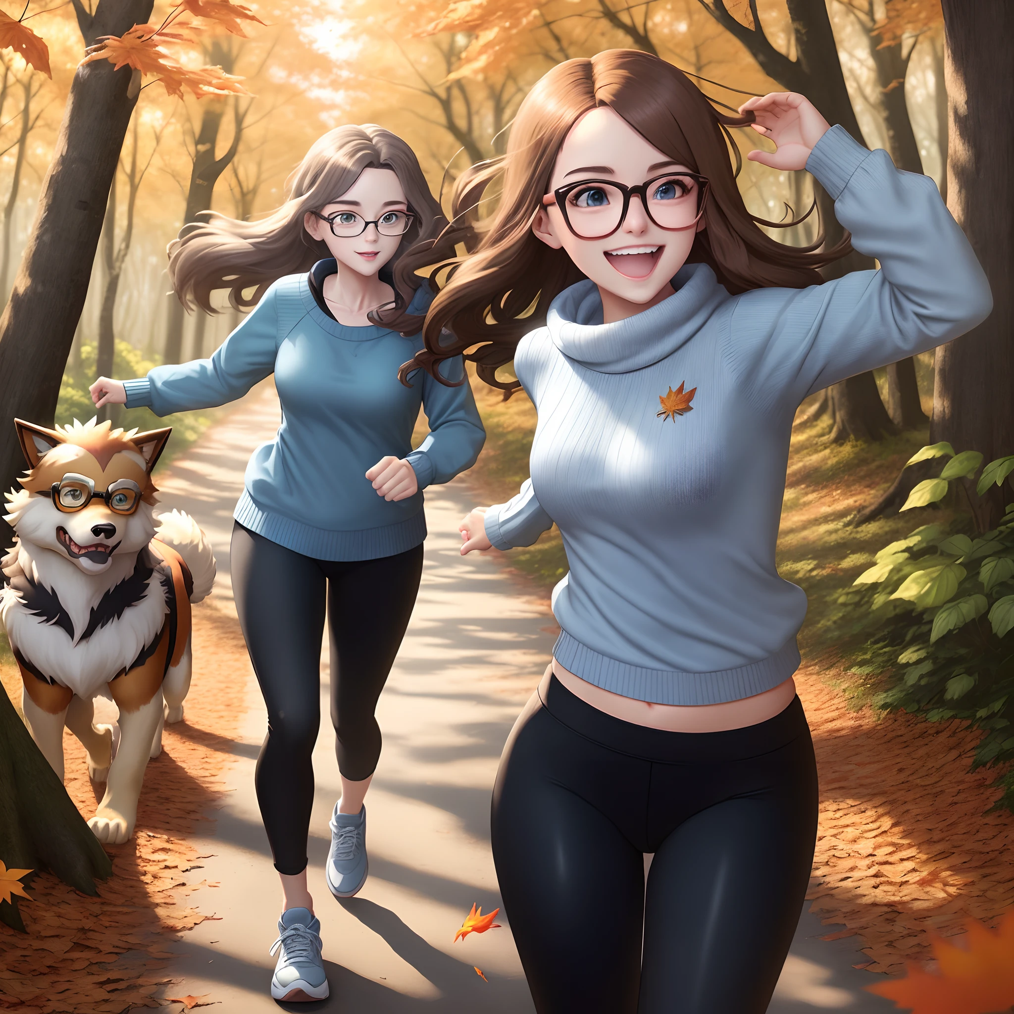 in the forest during fall a white skinny young woman with long brown hair, light blue eyes, with black rectangular glasses, wearing a light blue sweater and gray sweatpants is playing in the fall leaves with a Pokémon called Arcanine. they are having fun and playing running around in the leaves