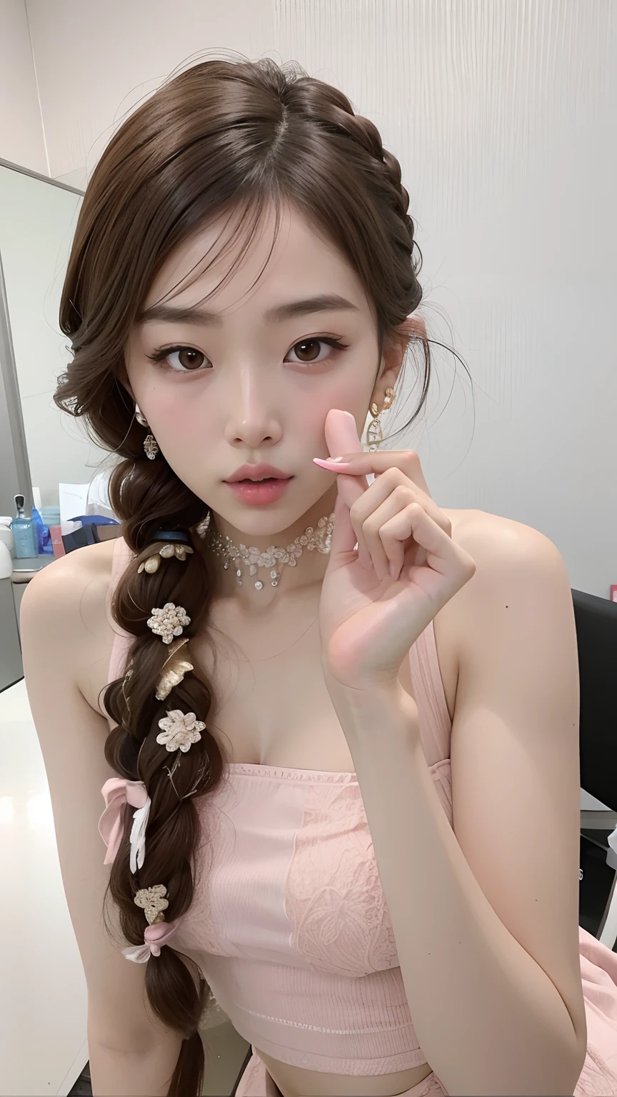 Araffe Asian woman with braided hair and a pink dress brushing her teeth, Ulzzang, Jinyoung Canela, dilraba dilmurat, Jaeyeon Nam, Heonhwa Choe, Lee Ji - Eun, Lee Ji-eun, estilo tiffany, Parque Ji-min, penteado pigtails, Kim Doyoung, Hwang SE - EM, TaeJune Kim