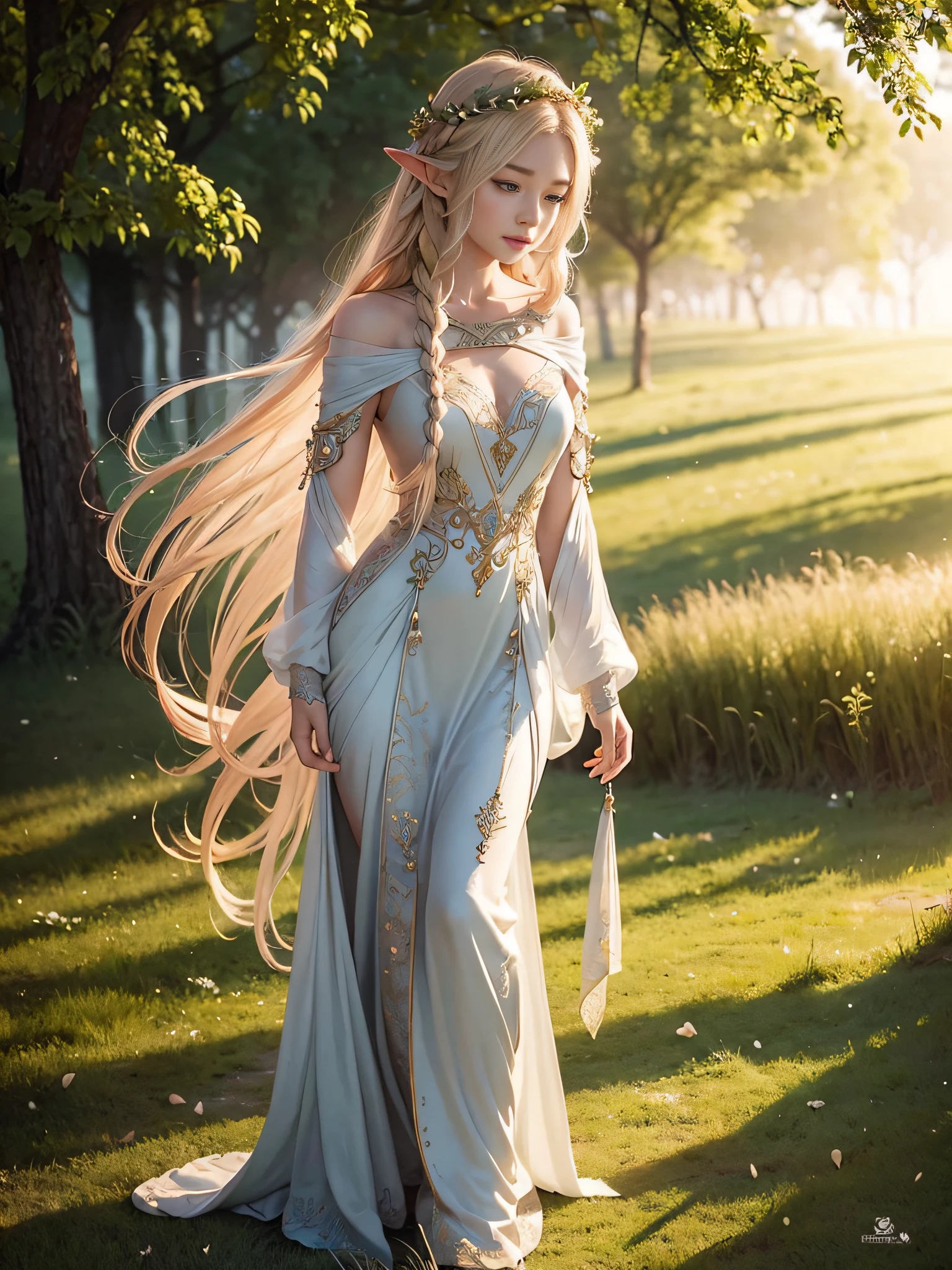 Graceful elven girl standing in meadow, Delicate face illuminated by the soft light of the setting sun. Her long, Flowing hair runs down your back, Decorated with intricate braids、Adorned with sparkling gemstones. This stunning picture is、、It captures the ethereal beauty of elves. Slender figure in a silk dress、Swaying in the soft steppe breeze. Attention to detail、Face that is、It is evident in the intricate patterns of the dress and the subtle highlights of the luminescence. skin. The breathtaking portrayal of the elven girl is、、Create an enchanting atmosphere、It invites the viewer to a magical world.