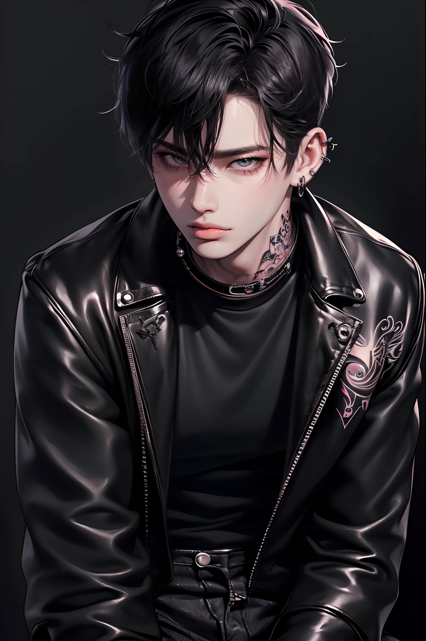 (4K works))、​masterpiece、(top-quality)、((Black cityscape background))、Korean Male、Adult male、((Adult 50 years old))、((Adult uncle type))、((Leather Jeans Style))、((Face similar to Hyunjin))、Cool Men、tall、((Wild features))、((Wild look))、((angry expressions))、((Long sleeve long trouser style))、((Smaller face))、Slim body、(((short-haired)))、((Shot alone))、((Solo Photography))、Professional Photos、((He is in front of the viewer))、((Upper body photography))、((Wear a lot of piercings))、((Piercing on the lips))、((Tongue piercing))、((Sick Boys))、((Mine Boys))、((Lots of tattoos))、((Mine photo))、((sassy pose))