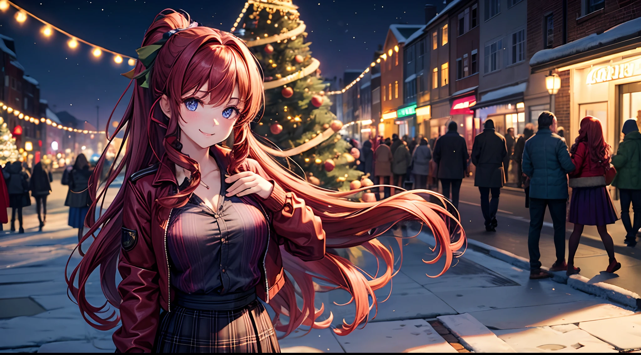 1girl, solo, christmas, ((christmas tree)), street, night, lights, snow, giving gift, long hair, red hair, curly hair, ponytail, large breasts, button down, ((opened brown short jacket)), dark blue eyes, ((purple shirt)), checked shirt, ((unbuttoned shirt)), ((long skirt)), smile, kind, looking at the viewer, standing